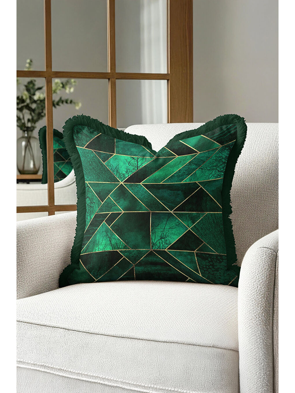 Karışık Zamansız Lüks Geometrik Saçaklı Yastık Kılıfı - Modern Zümrüt Yeşili Gold Püsküllü Kırlent Kılıfı-2