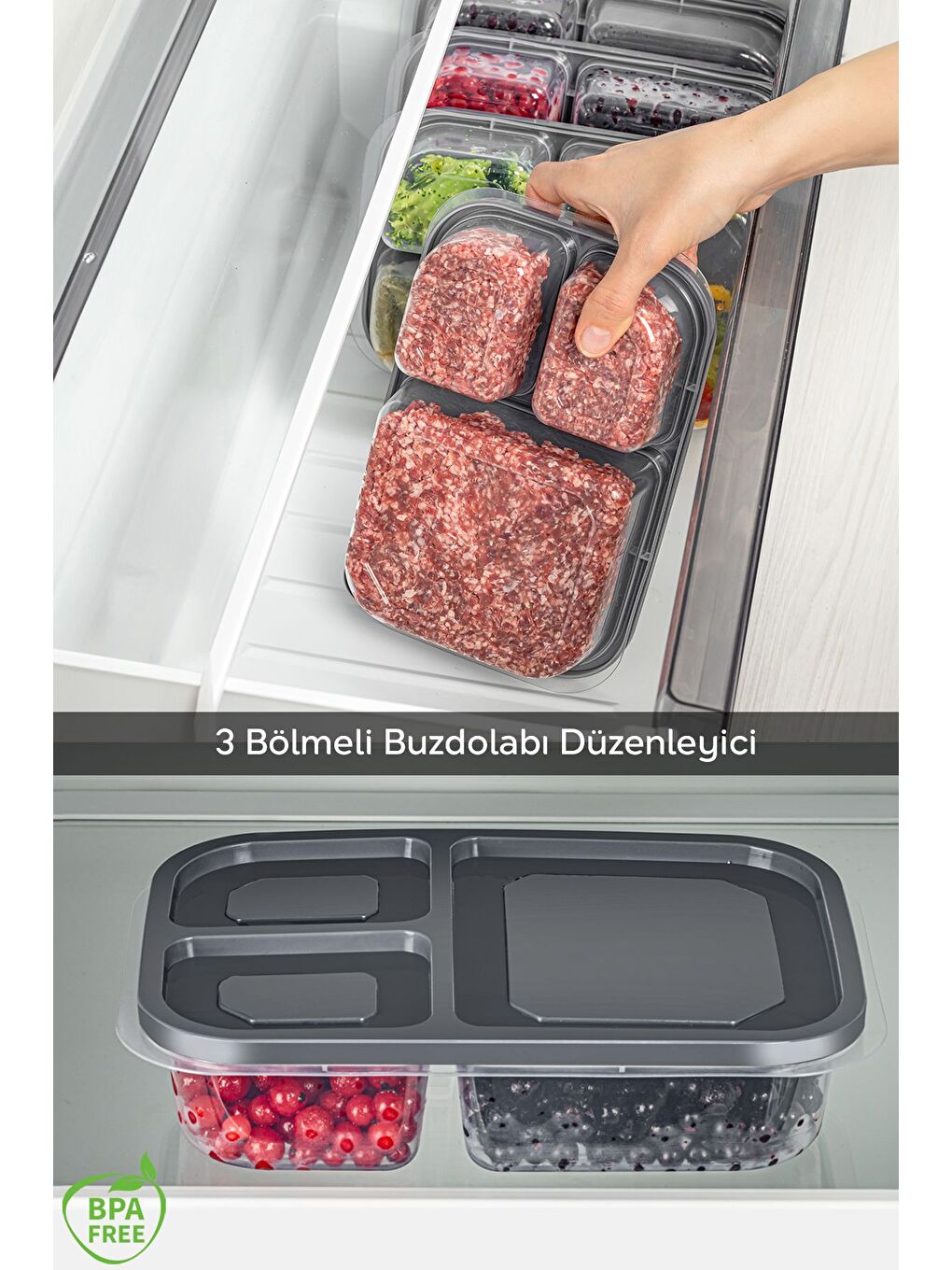 Gri 3 Bölmeli Kapaklı Dikdörtgen Saklama Kabı Taşınabilir Kahvaltılık Diyet Ve Beslenme Kutusu