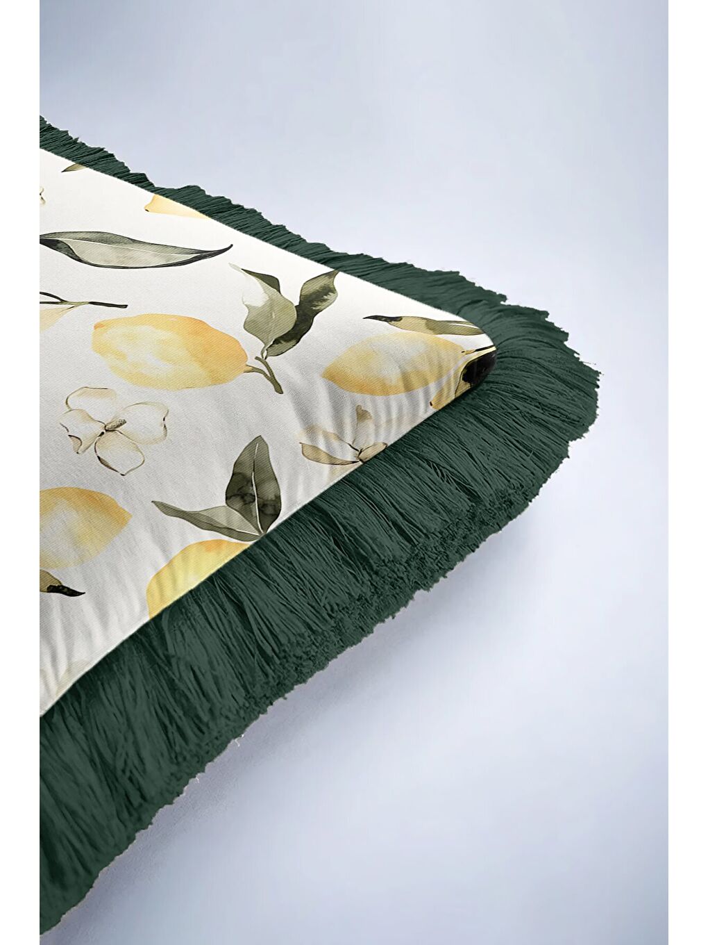 Karışık Limon Çiçek Bahar Saçaklı Yastık Kılıfı - Botanik Ferah Akdeniz Temalı Yeşil Püsküllü Kırlent Kılıfı-6