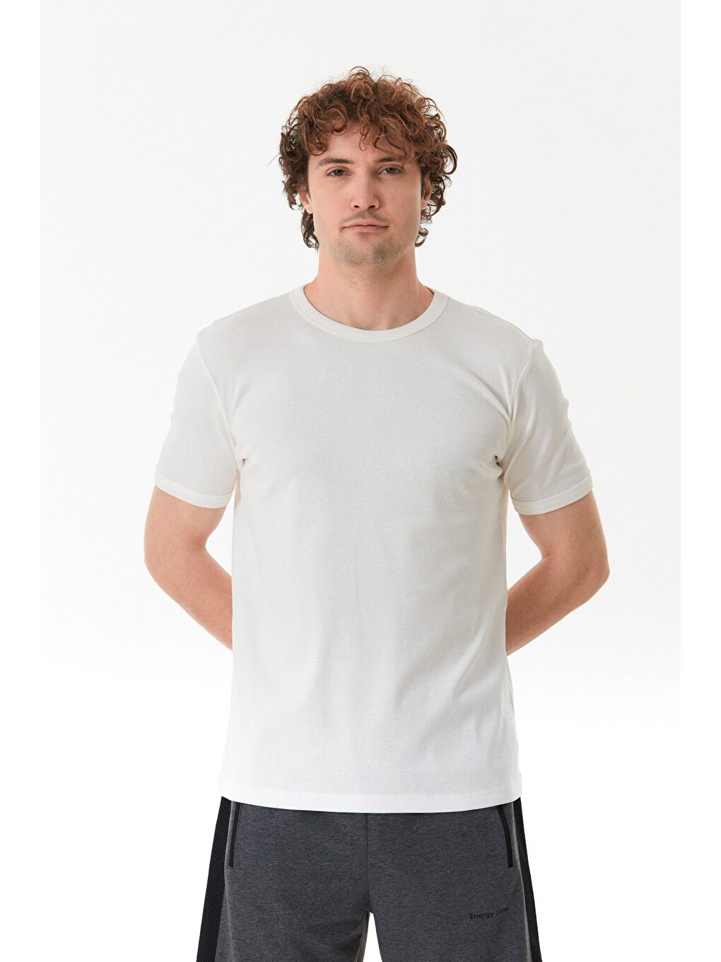 Ekru Basic Bisiklet Yaka Ribanalı Tişört-2