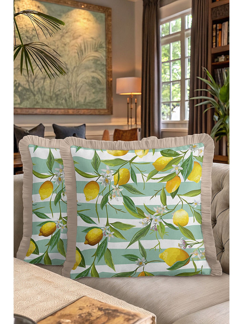 Karışık Limon Bahçesi Saçaklı Yastık Kılıfı - Akdeniz Country Yeşil Sarı Püsküllü Kırlent Kılıfı-7