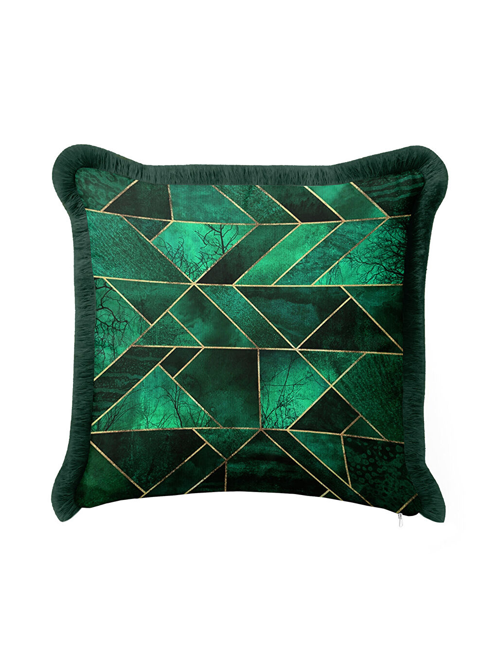 Karışık Zamansız Lüks Geometrik Saçaklı Yastık Kılıfı - Modern Zümrüt Yeşili Gold Püsküllü Kırlent Kılıfı-3