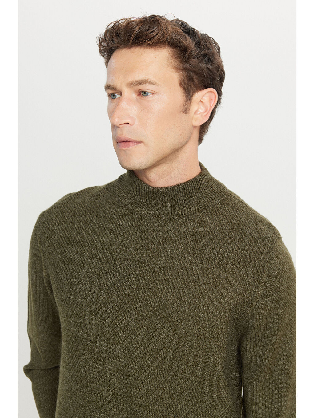 Erkek Haki Standart Fit Normal Kesim Yarım Balıkçı Yaka Jakarlı Triko Kazak-3