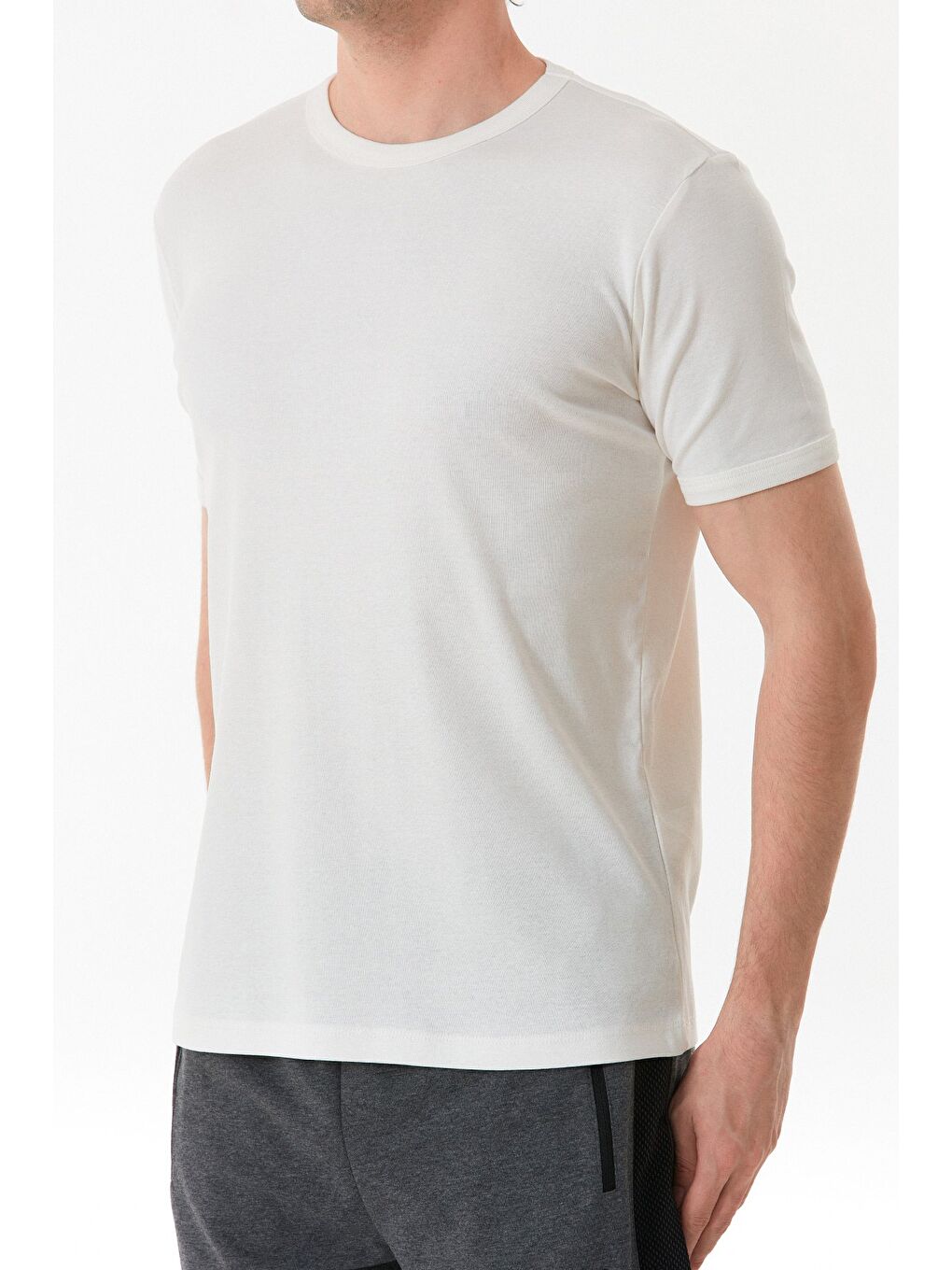 Ekru Basic Bisiklet Yaka Ribanalı Tişört-4