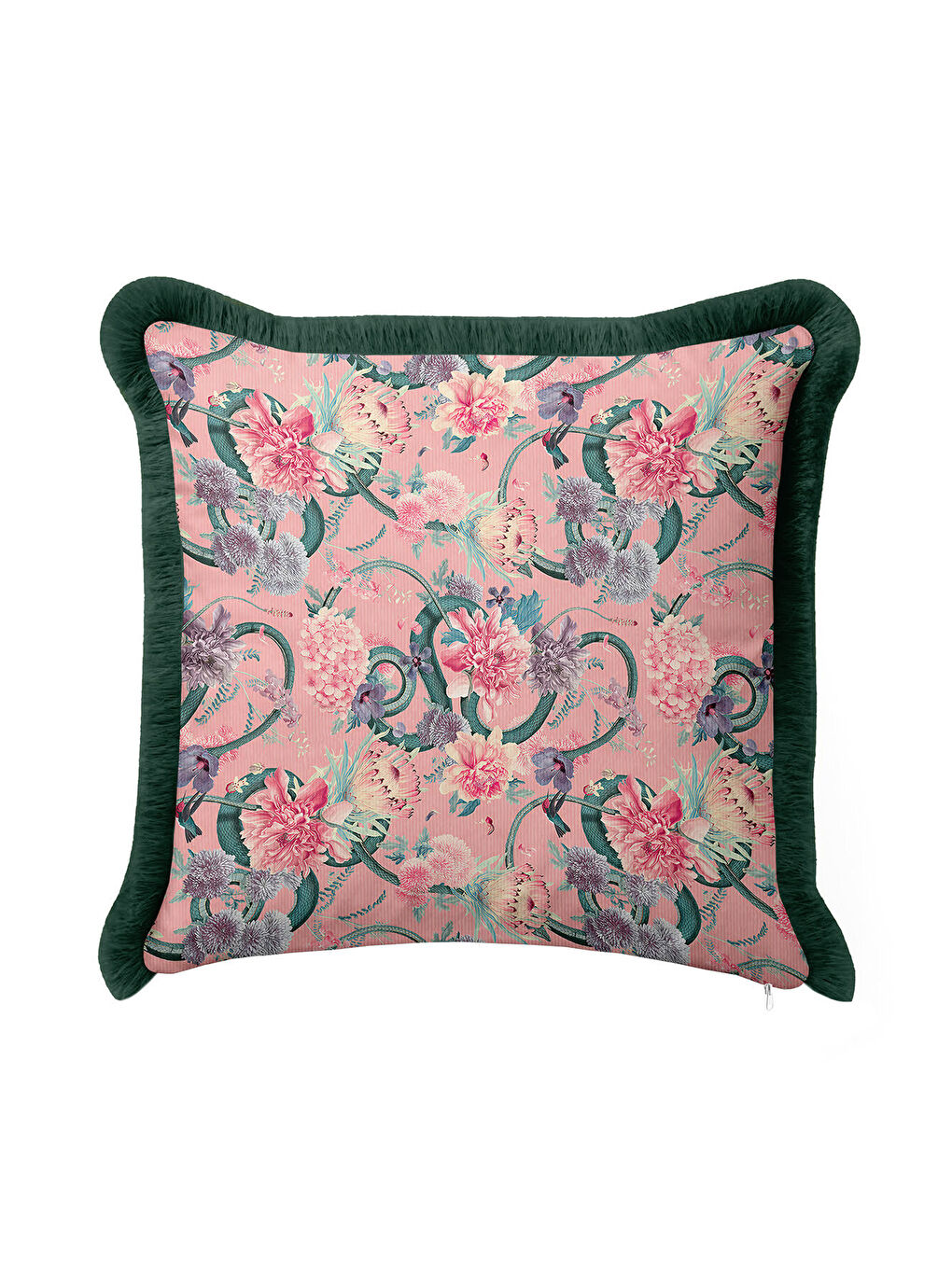 Karışık Lüks Çiçek Bahçesi Saçaklı Yastık Kılıfı - Romantik Bohem Pembe Yeşil Püsküllü Kırlent Kılıfı-2