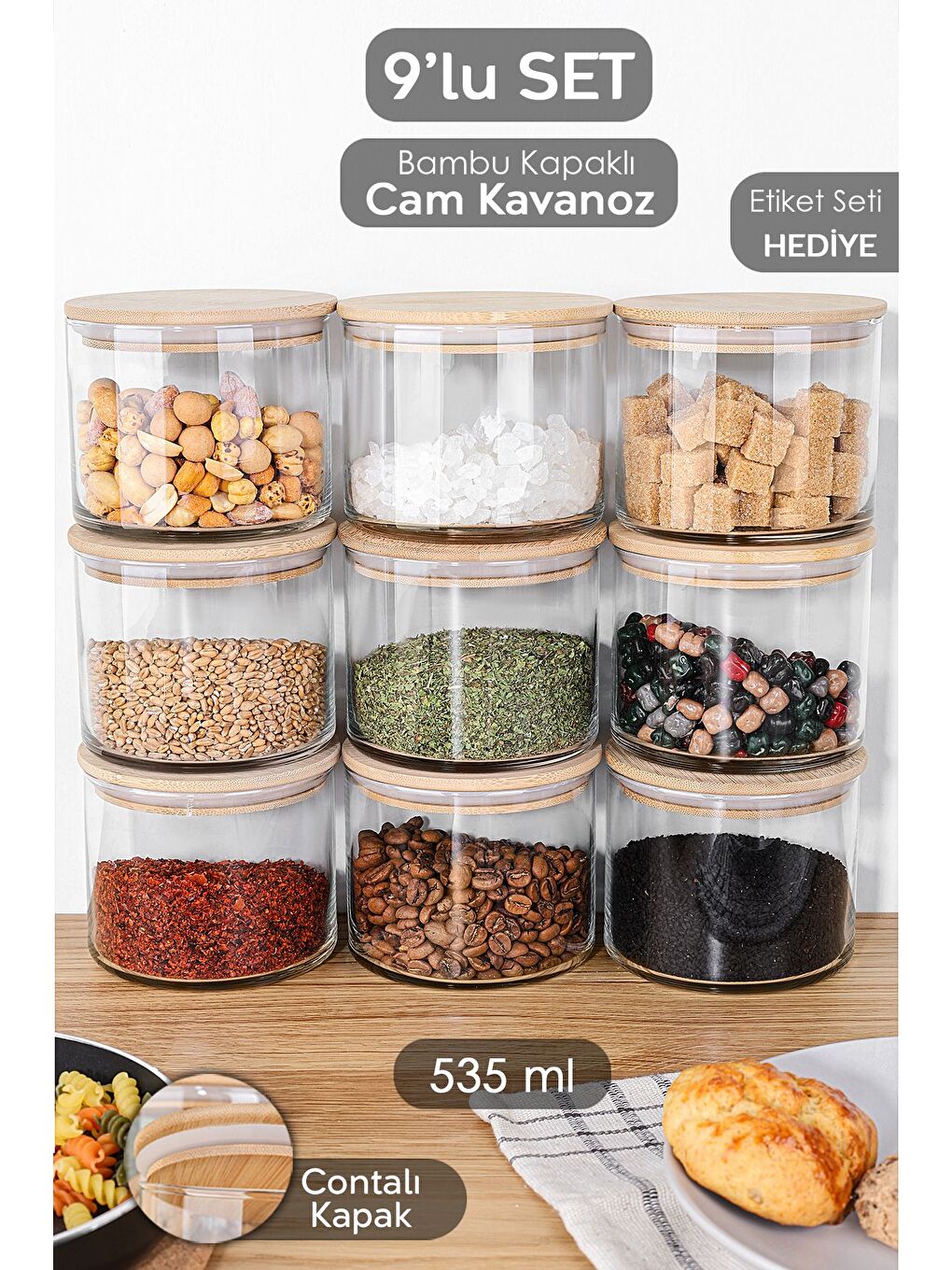 Renksiz 9'lu Bambu Kapak Cam Saklama Kabı Etiketli Vakum Kapaklı Erzak Baharat Cam Baharatlık 535 ml