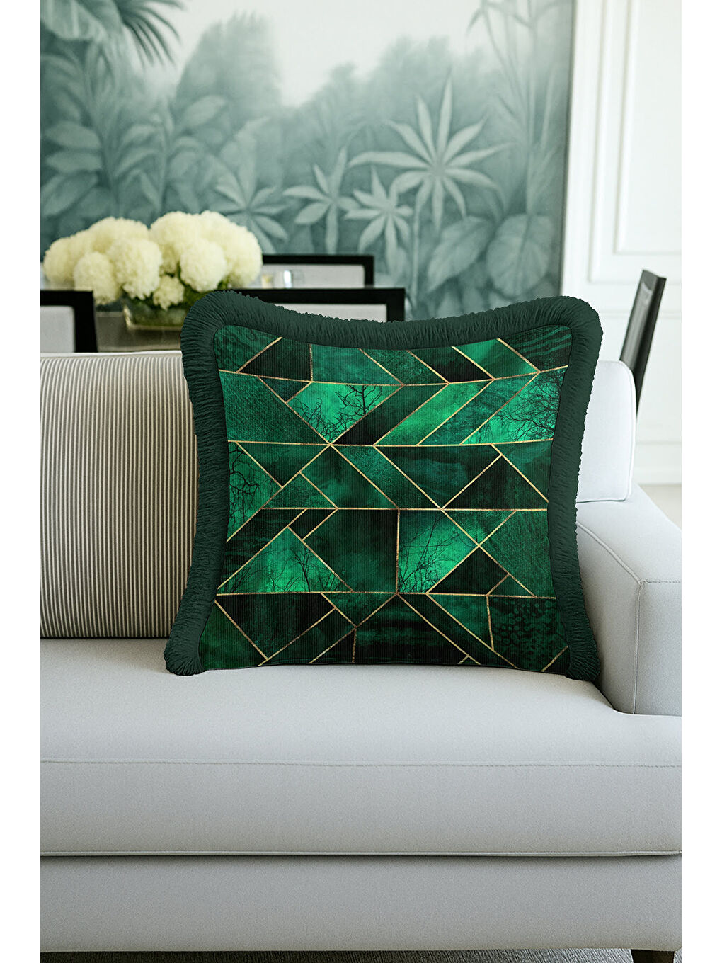 Karışık Zamansız Lüks Geometrik Saçaklı Yastık Kılıfı - Modern Zümrüt Yeşili Gold Püsküllü Kırlent Kılıfı-4