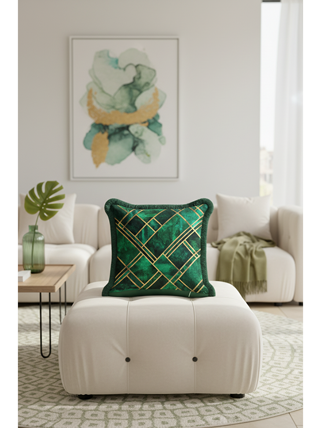 Karışık Geometrik Altın Çizgili Saçaklı Yastık Kılıfı - Lüks Art Deco Zümrüt Yeşili Püsküllü Kırlent Kılıfı-3