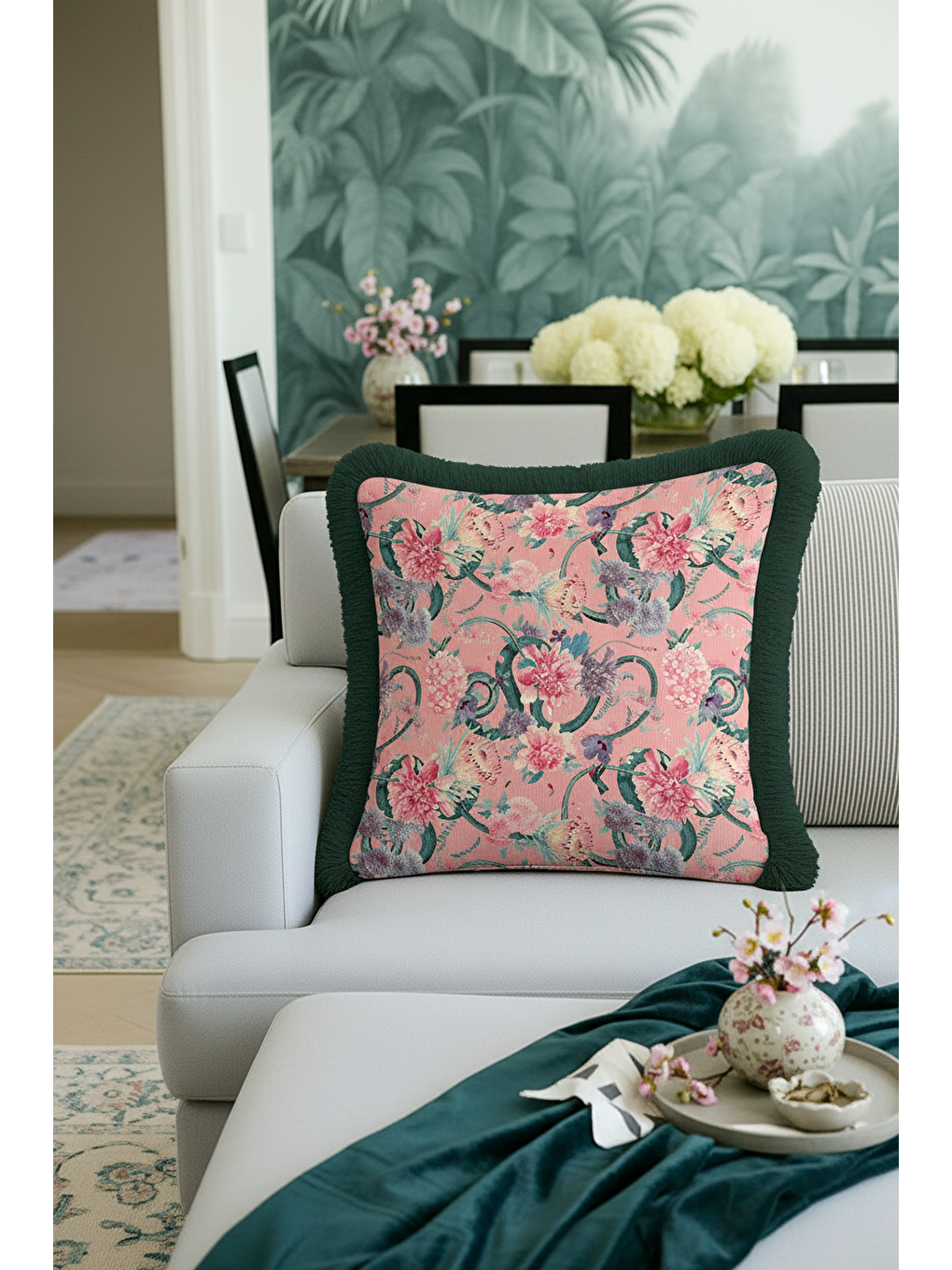 Karışık Lüks Çiçek Bahçesi Saçaklı Yastık Kılıfı - Romantik Bohem Pembe Yeşil Püsküllü Kırlent Kılıfı-3