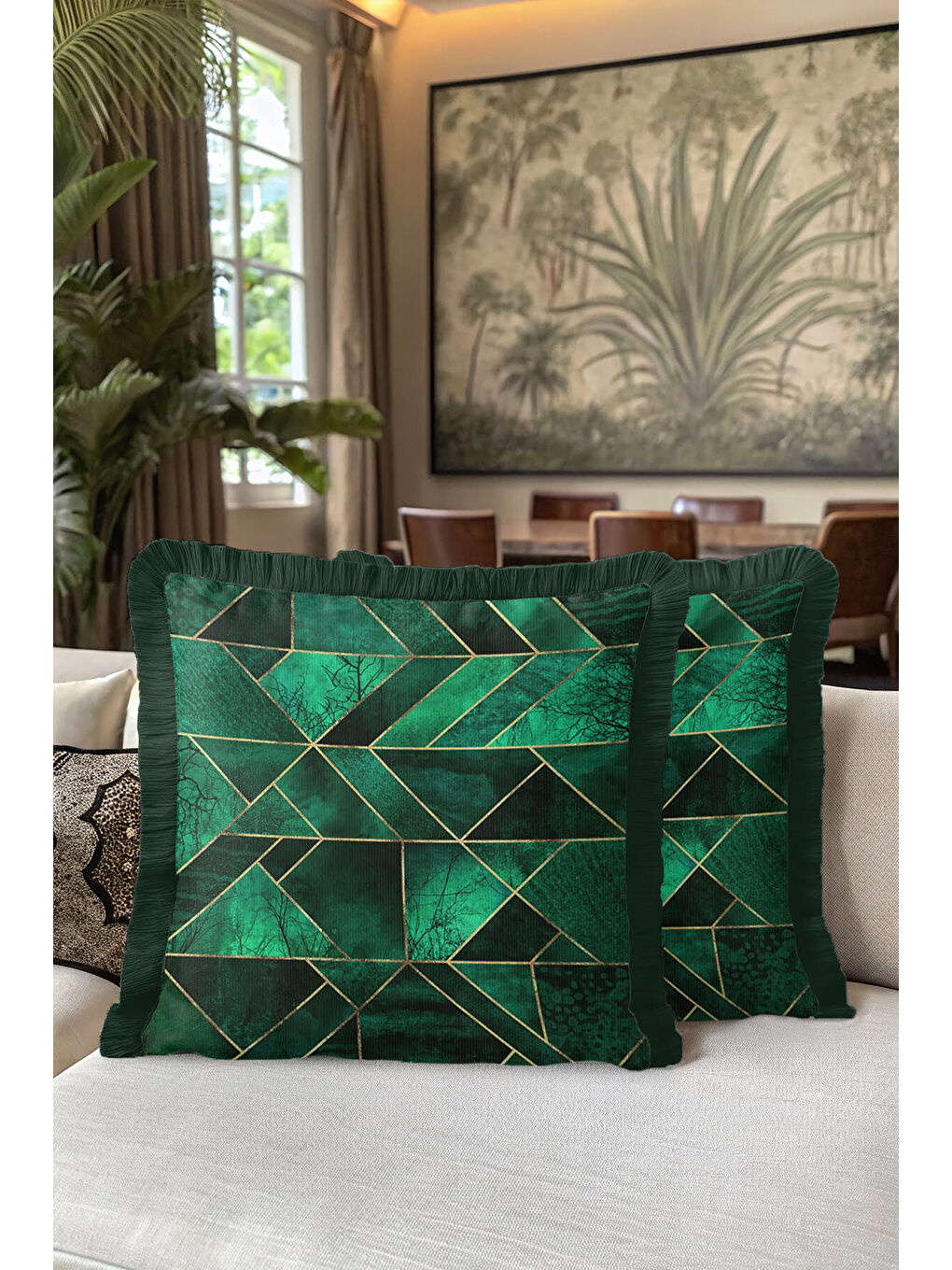 Karışık Zamansız Lüks Geometrik Saçaklı Yastık Kılıfı - Modern Zümrüt Yeşili Gold Püsküllü Kırlent Kılıfı-5