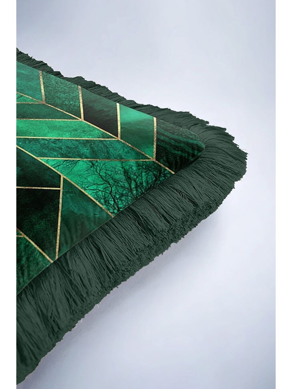 Karışık Zamansız Lüks Geometrik Saçaklı Yastık Kılıfı - Modern Zümrüt Yeşili Gold Püsküllü Kırlent Kılıfı-6
