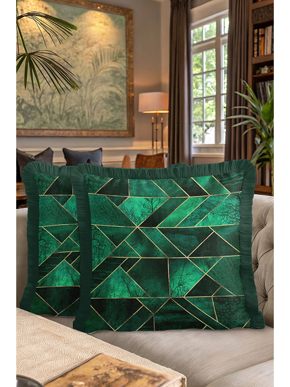 Karışık Zamansız Lüks Geometrik Saçaklı Yastık Kılıfı - Modern Zümrüt Yeşili Gold Püsküllü Kırlent Kılıfı-7
