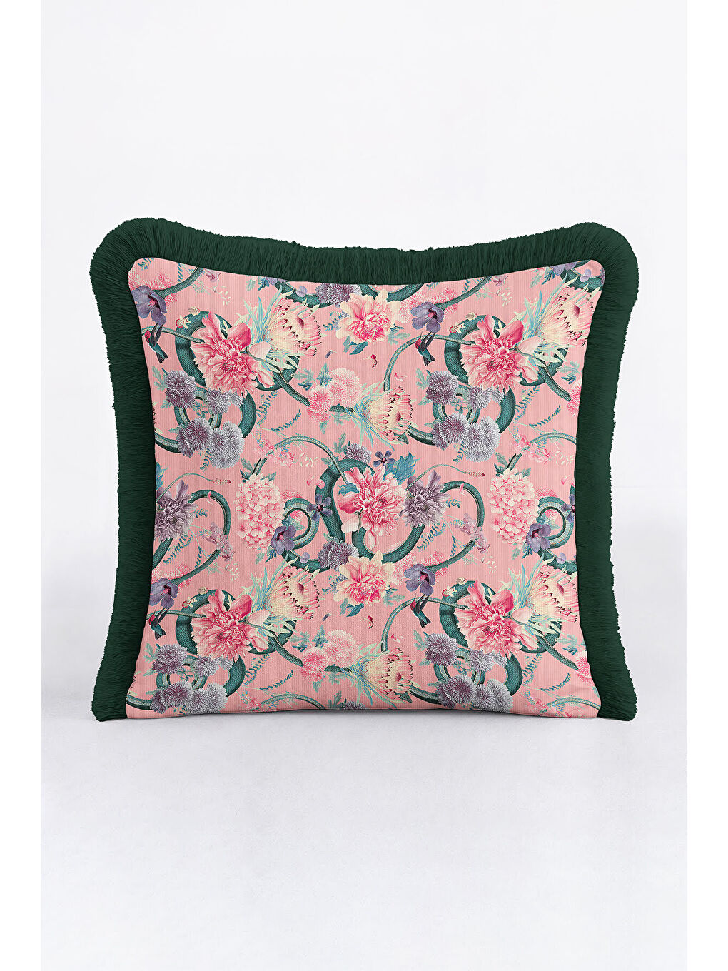 Karışık Lüks Çiçek Bahçesi Saçaklı Yastık Kılıfı - Romantik Bohem Pembe Yeşil Püsküllü Kırlent Kılıfı-4