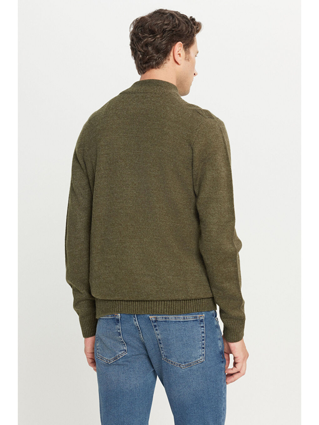 Erkek Haki Standart Fit Normal Kesim Yarım Balıkçı Yaka Jakarlı Triko Kazak-4