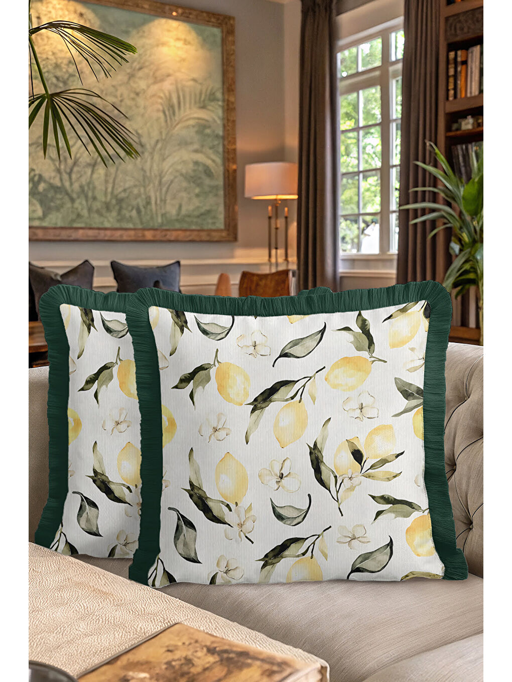 Karışık Limon Çiçek Bahar Saçaklı Yastık Kılıfı - Botanik Ferah Akdeniz Temalı Yeşil Püsküllü Kırlent Kılıfı-7