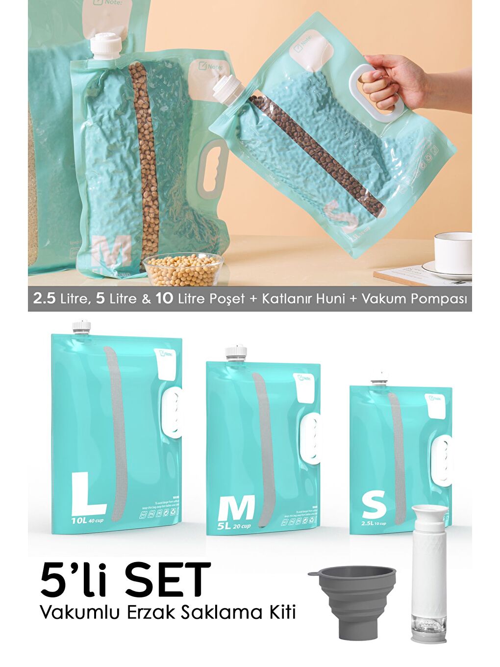 Yeşil 5 Parça Vaku mlu Saklama Poşeti Seti Vakum Pompalı Hava Almaz Vaku mlu Gıda Erzak Saklama Torbası