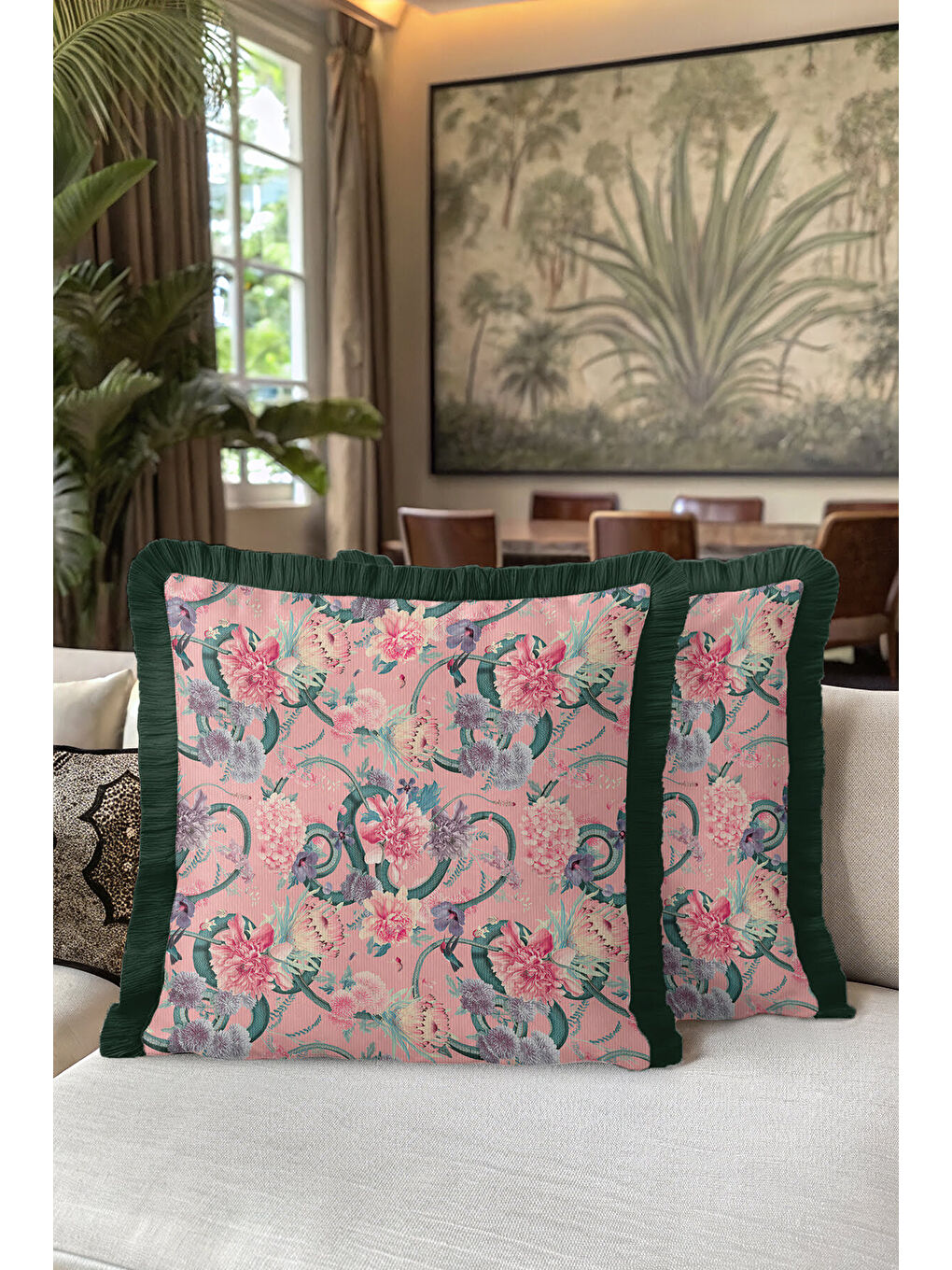 Karışık Lüks Çiçek Bahçesi Saçaklı Yastık Kılıfı - Romantik Bohem Pembe Yeşil Püsküllü Kırlent Kılıfı-5
