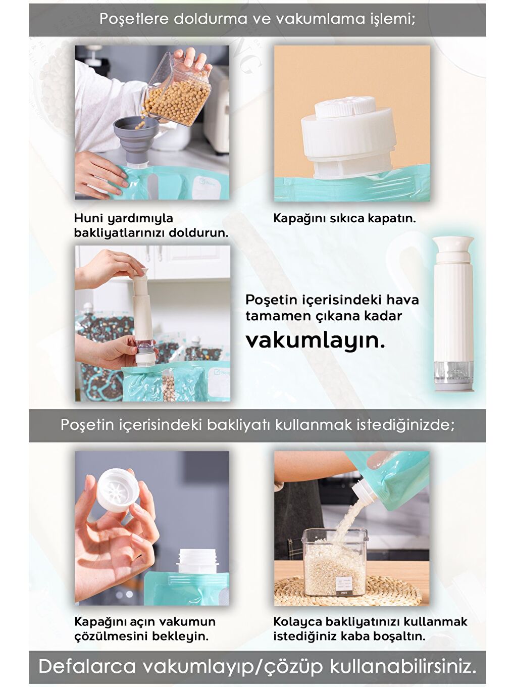 Yeşil 5 Parça Vaku mlu Saklama Poşeti Seti Vakum Pompalı Hava Almaz Vaku mlu Gıda Erzak Saklama Torbası-6