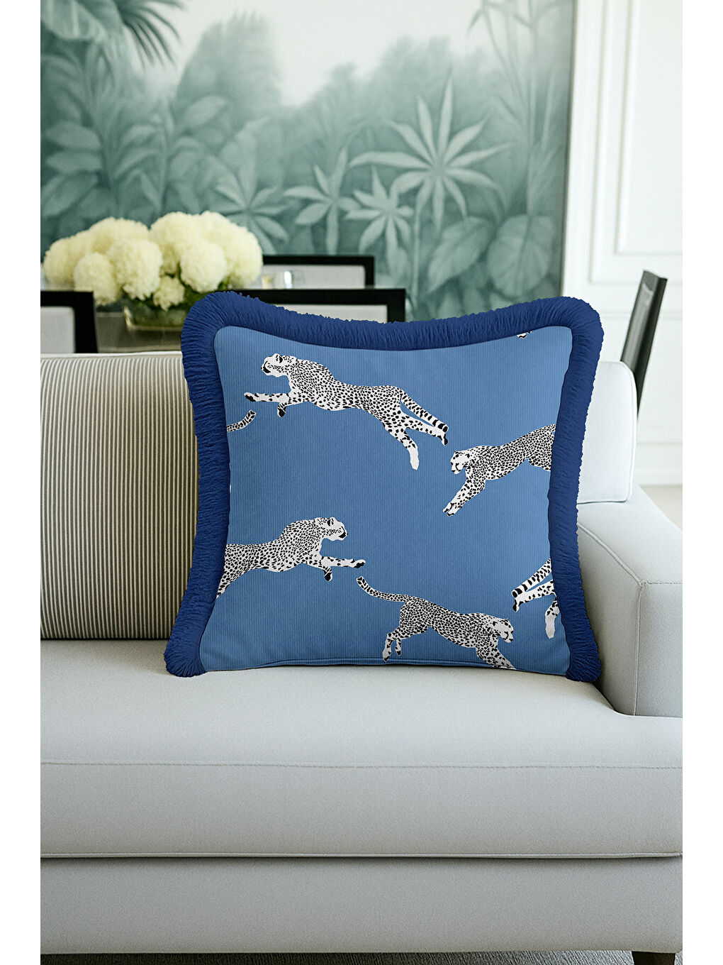 Karışık Lüks Safari Cheetah Saçaklı Yastık Kılıfı - Modern Mavi Panter Motifli Püsküllü Kırlent Kılıfı-1