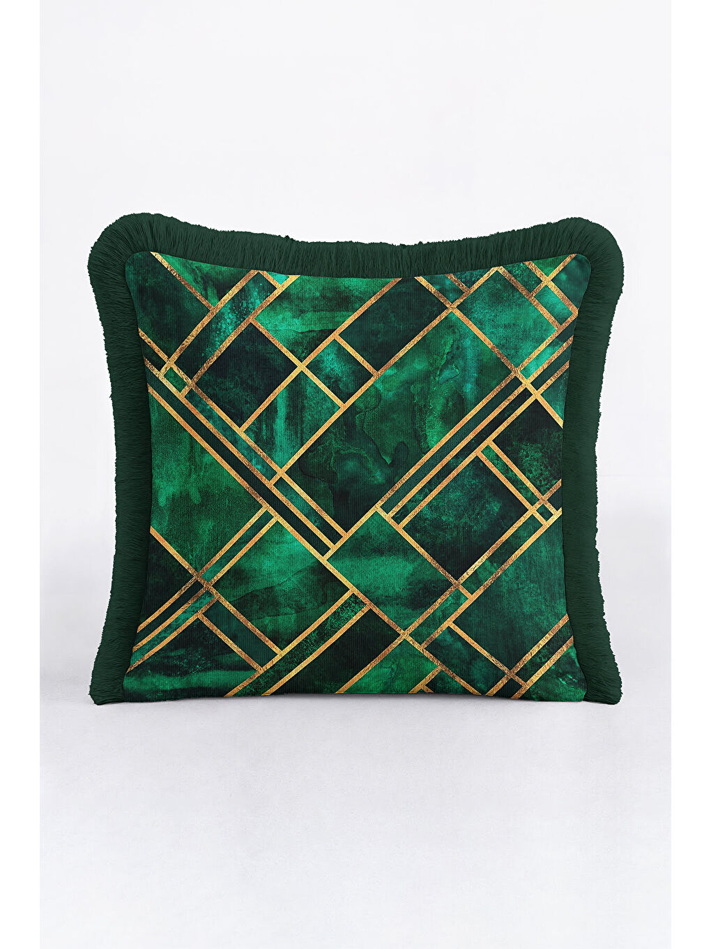 Karışık Geometrik Altın Çizgili Saçaklı Yastık Kılıfı - Lüks Art Deco Zümrüt Yeşili Püsküllü Kırlent Kılıfı-4