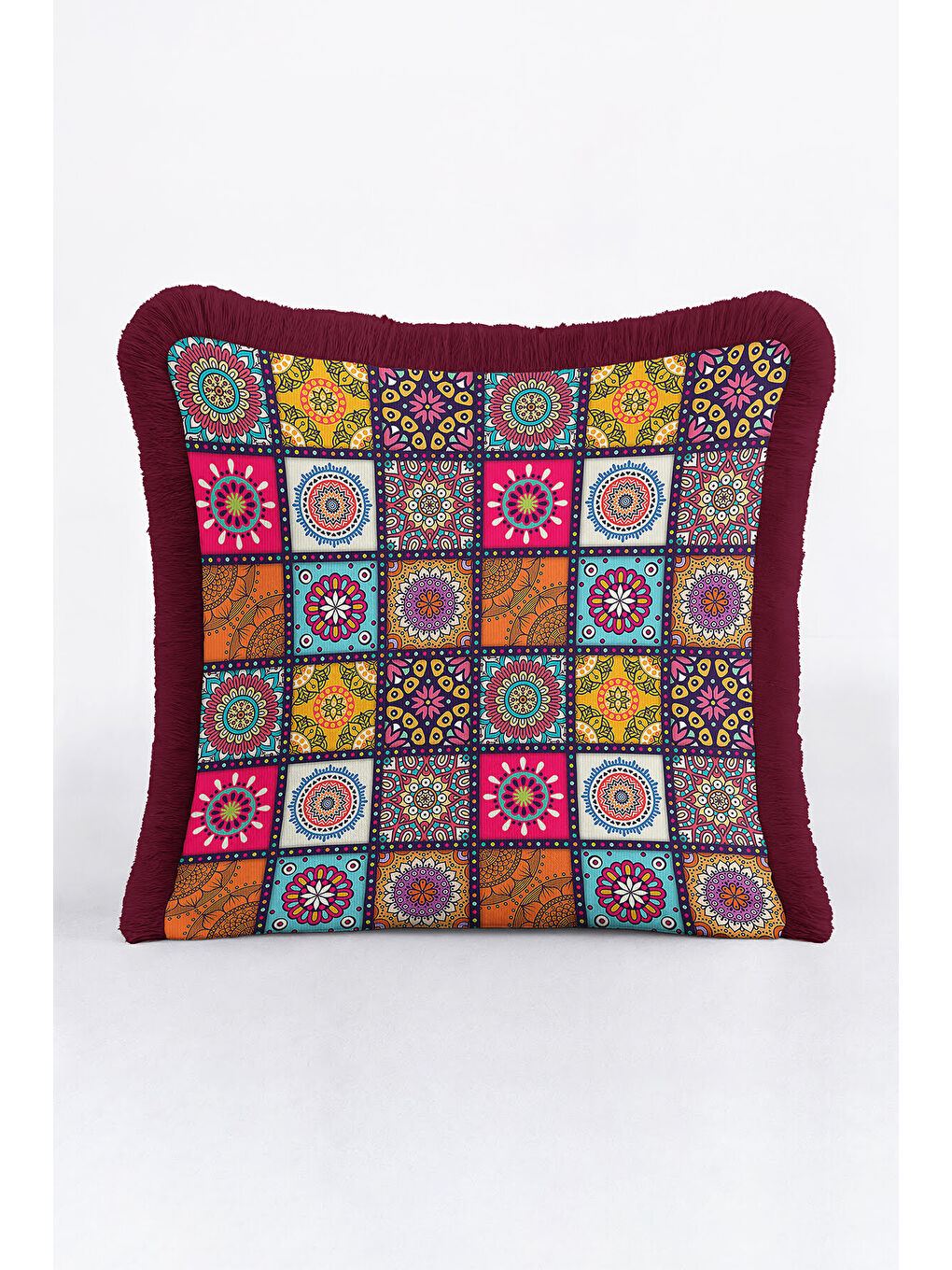 Karışık Etnik Mandala Mozaik Saçaklı Yastık Kılıfı - Bohem Renkli Patchwork Bordo Püsküllü Kırlent Kılıfı