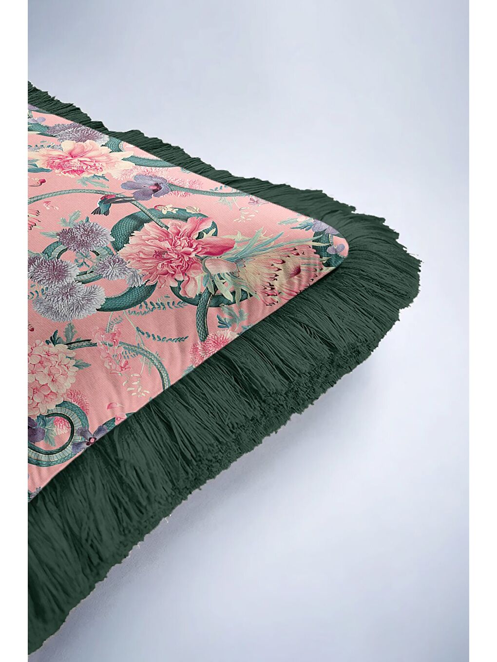 Karışık Lüks Çiçek Bahçesi Saçaklı Yastık Kılıfı - Romantik Bohem Pembe Yeşil Püsküllü Kırlent Kılıfı-6