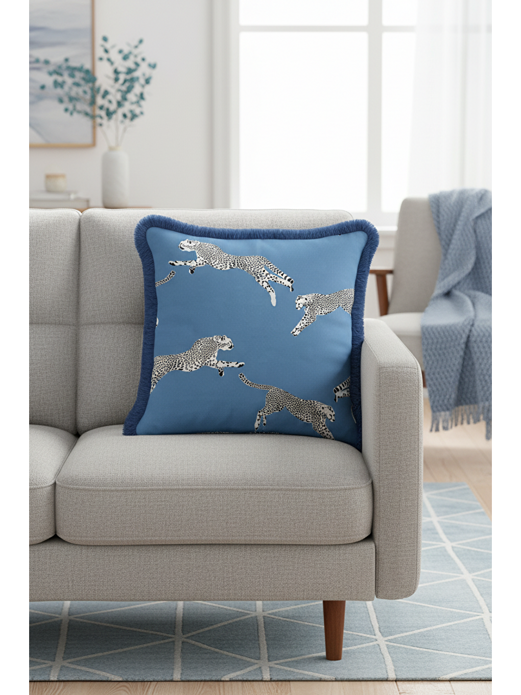 Karışık Lüks Safari Cheetah Saçaklı Yastık Kılıfı - Modern Mavi Panter Motifli Püsküllü Kırlent Kılıfı-2