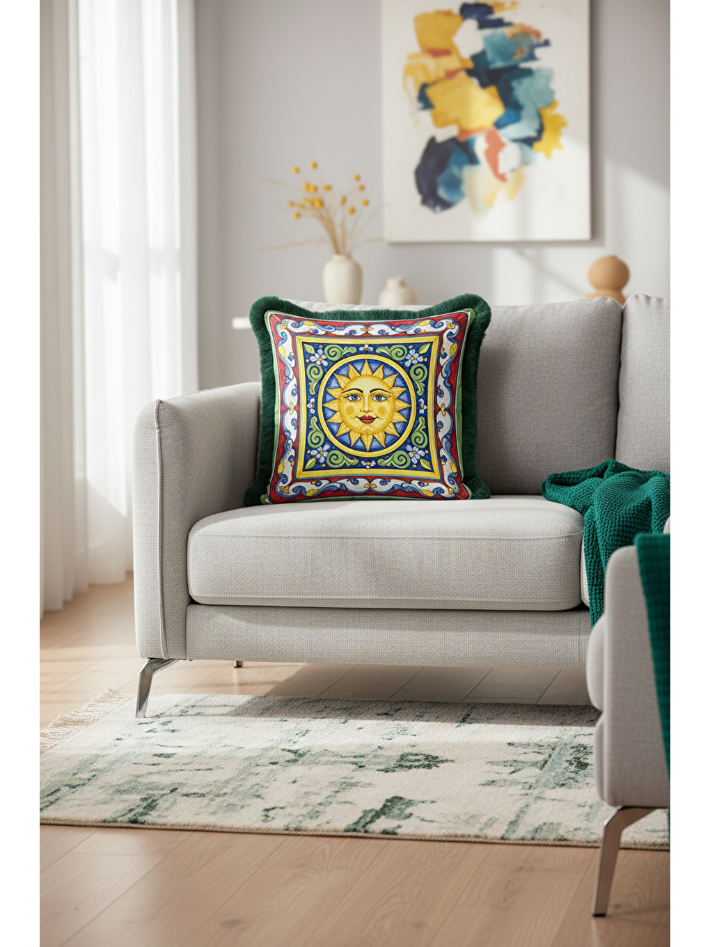 Karışık Akdeniz Stil Güneş Motifli Saçaklı Yastık Kılıfı - Renkli Bohem Sarı Yeşil Püsküllü Kırlent Kılıfı-1