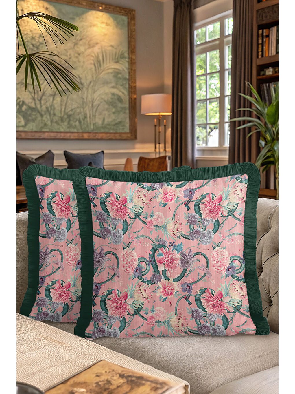 Karışık Lüks Çiçek Bahçesi Saçaklı Yastık Kılıfı - Romantik Bohem Pembe Yeşil Püsküllü Kırlent Kılıfı-7