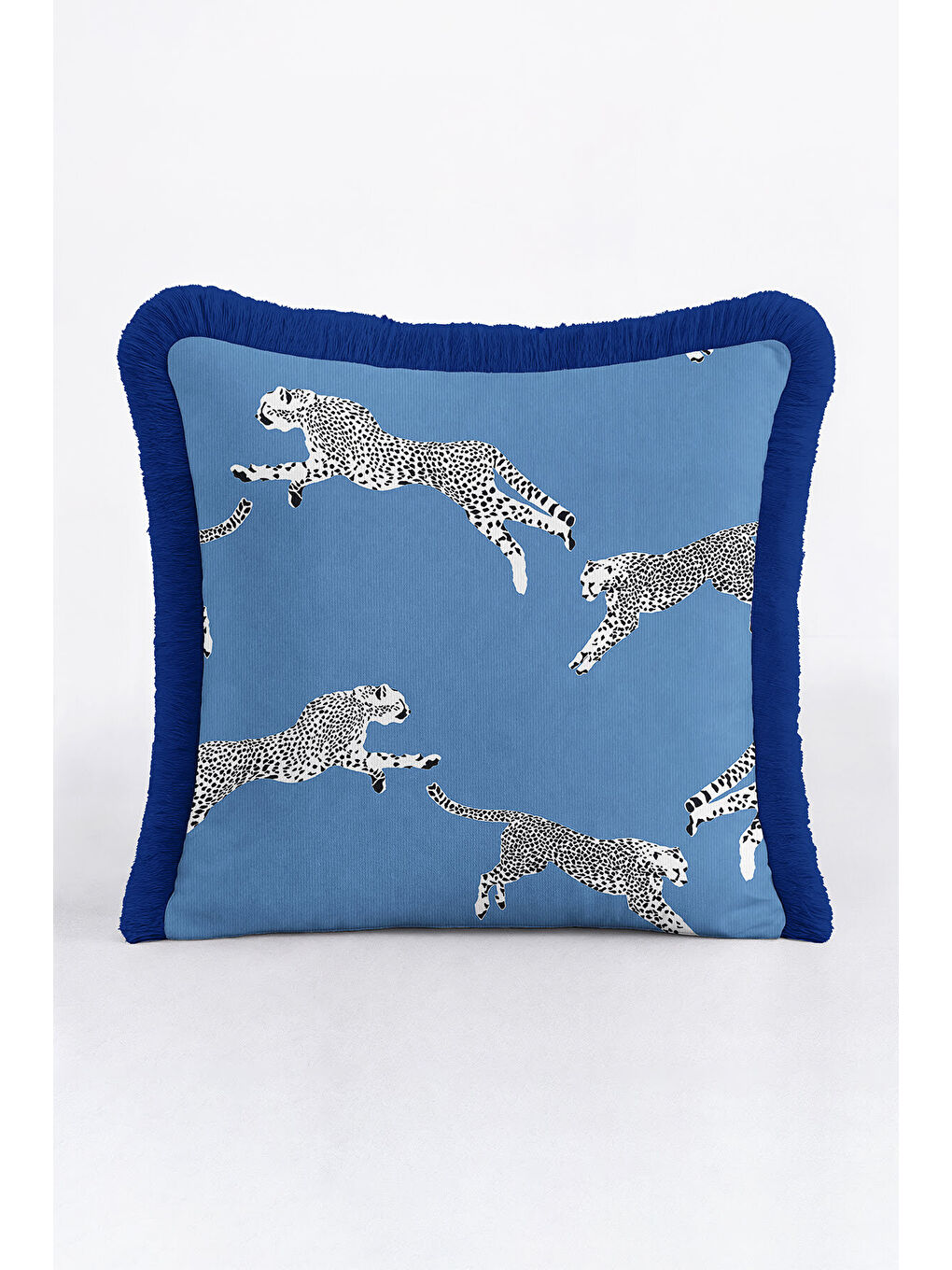 Karışık Lüks Safari Cheetah Saçaklı Yastık Kılıfı - Modern Mavi Panter Motifli Püsküllü Kırlent Kılıfı-4