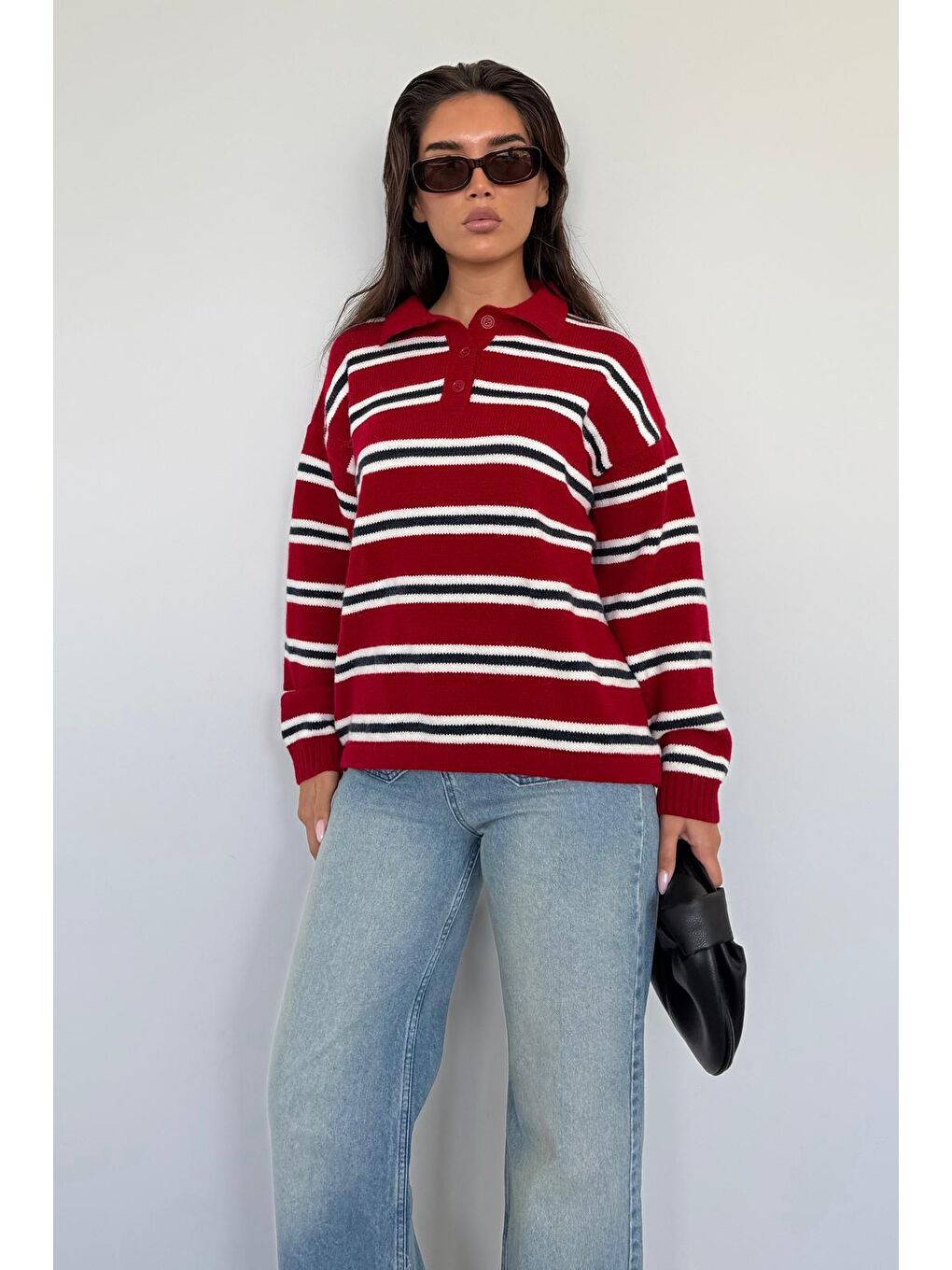 Kırmızı Polo Yaka Çizgili Kadın Triko Kazak Mg2469-1