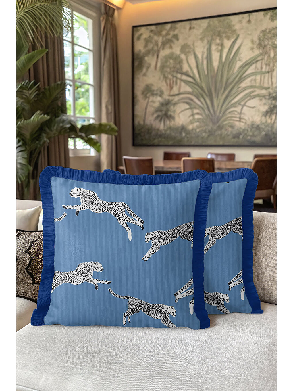 Karışık Lüks Safari Cheetah Saçaklı Yastık Kılıfı - Modern Mavi Panter Motifli Püsküllü Kırlent Kılıfı-5