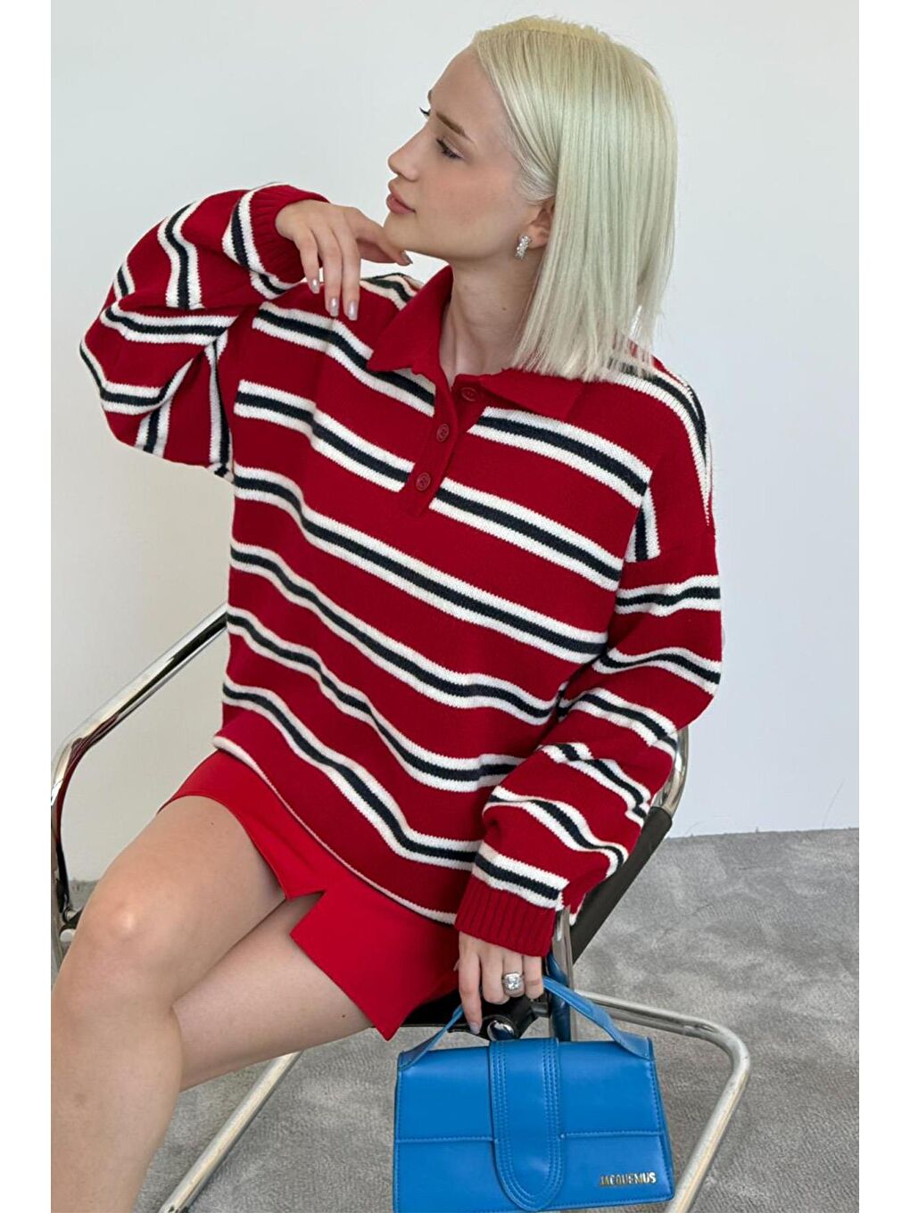 Kırmızı Polo Yaka Çizgili Kadın Triko Kazak Mg2469-2