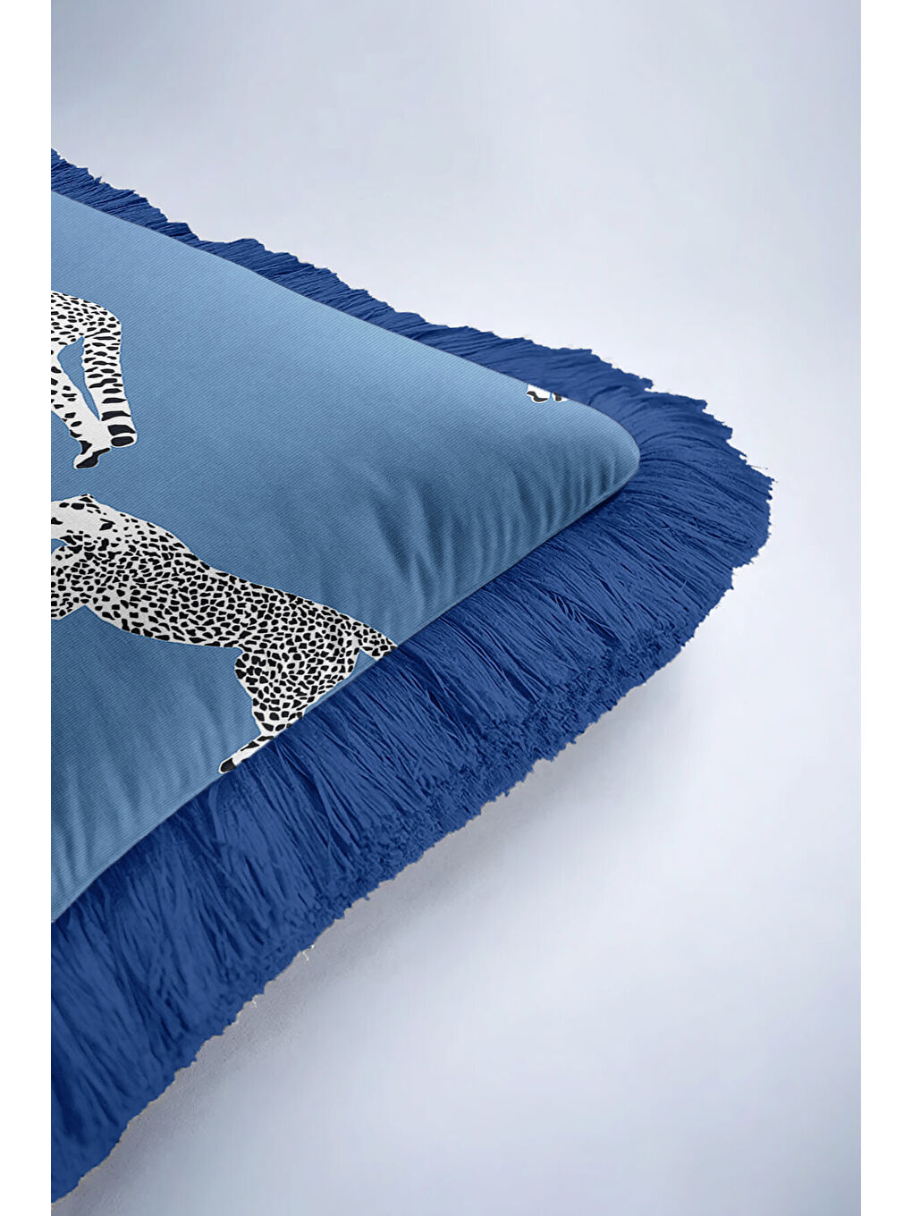 Karışık Lüks Safari Cheetah Saçaklı Yastık Kılıfı - Modern Mavi Panter Motifli Püsküllü Kırlent Kılıfı-6