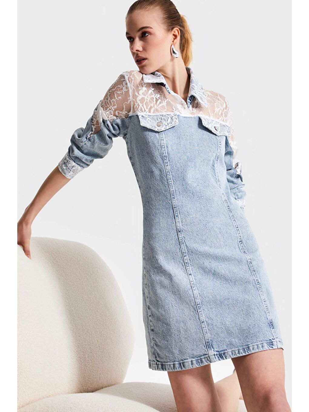 Mavi Kadın Jean Rengi 3S5-27 Dantelli Straight Fit Midi Boy Denim Elbise-6