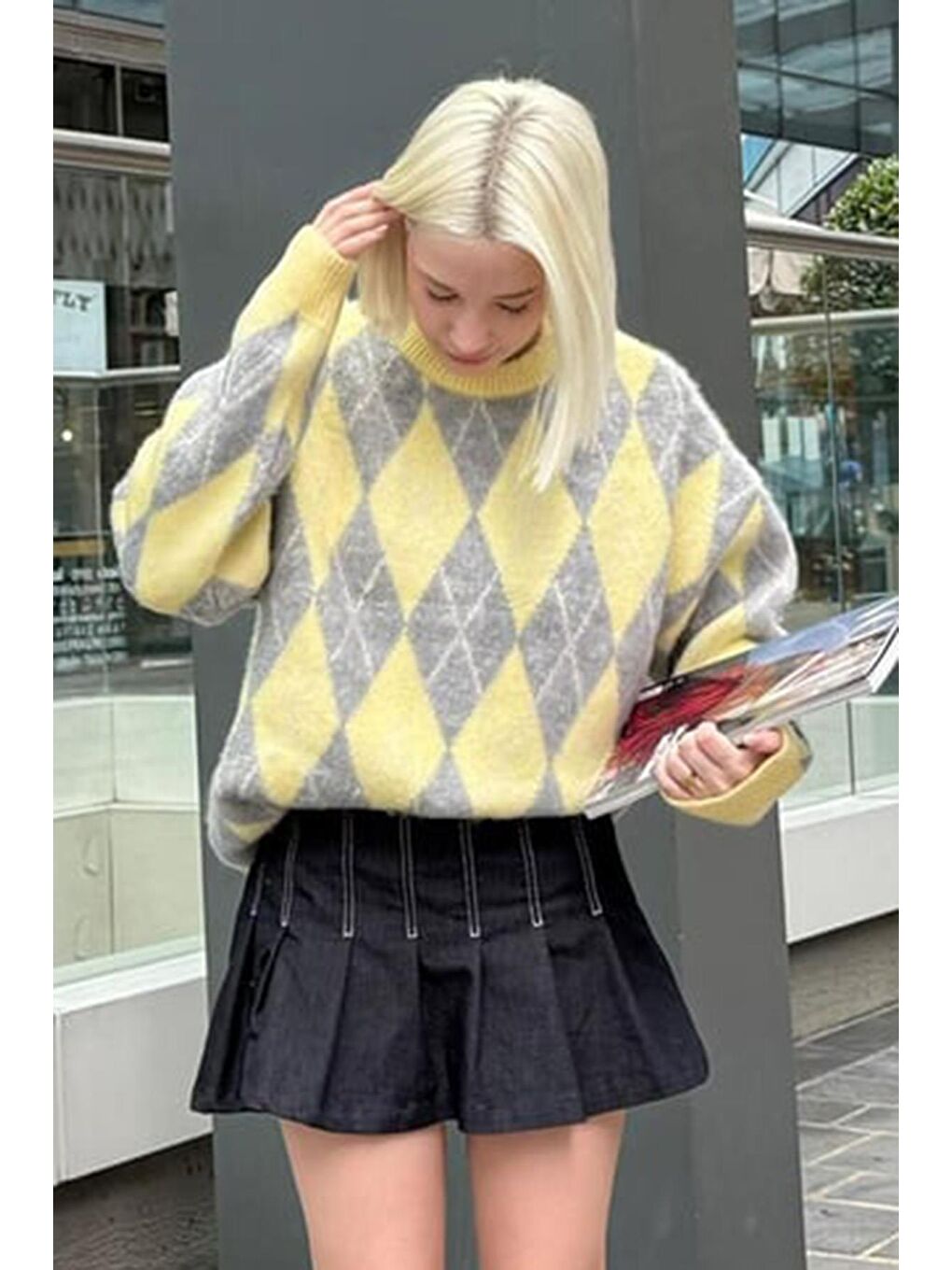 Sarı Bisiklet Yaka Şardonlu Baklava Desenli Kazak Mg2493