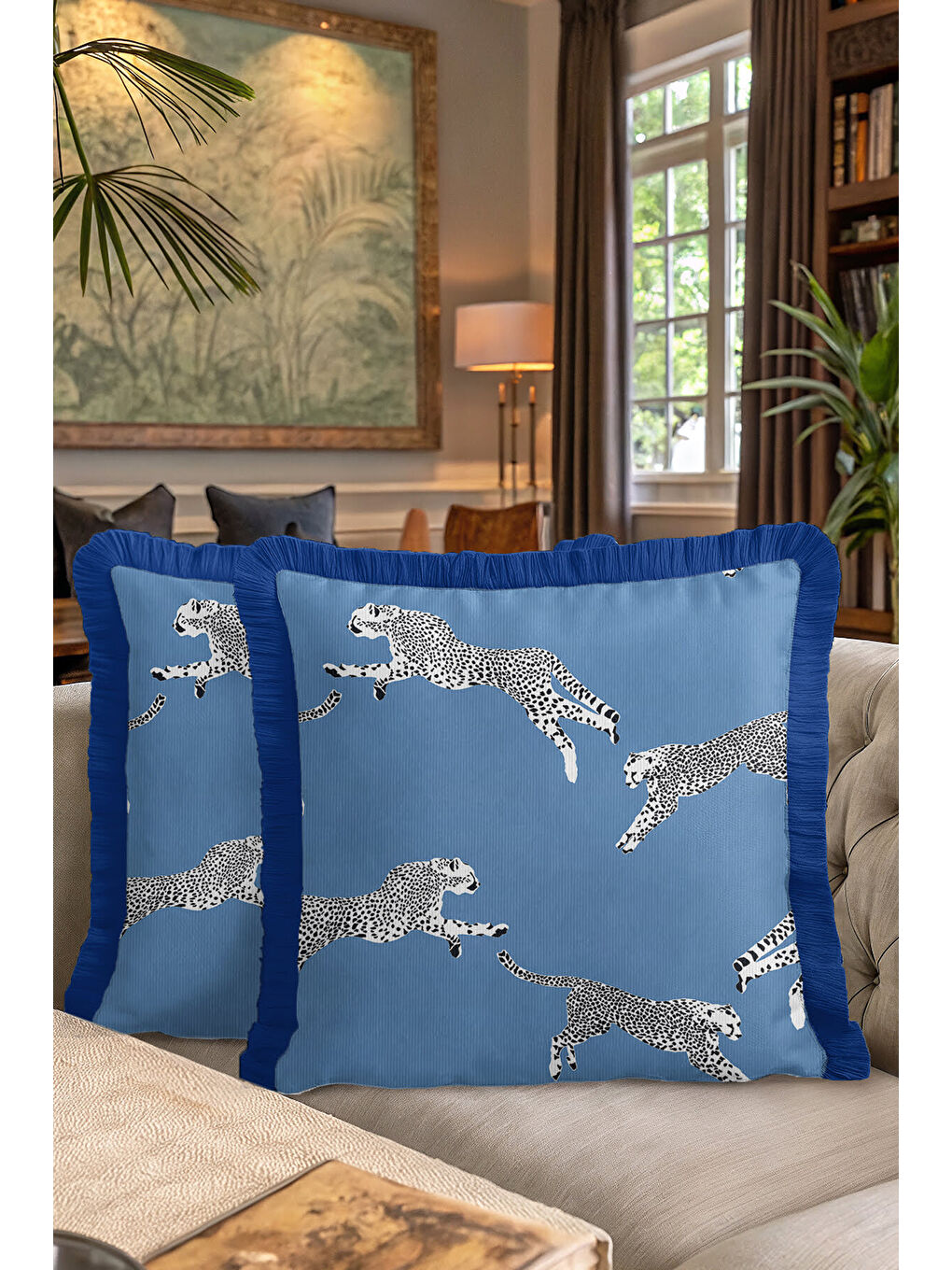 Karışık Lüks Safari Cheetah Saçaklı Yastık Kılıfı - Modern Mavi Panter Motifli Püsküllü Kırlent Kılıfı-7