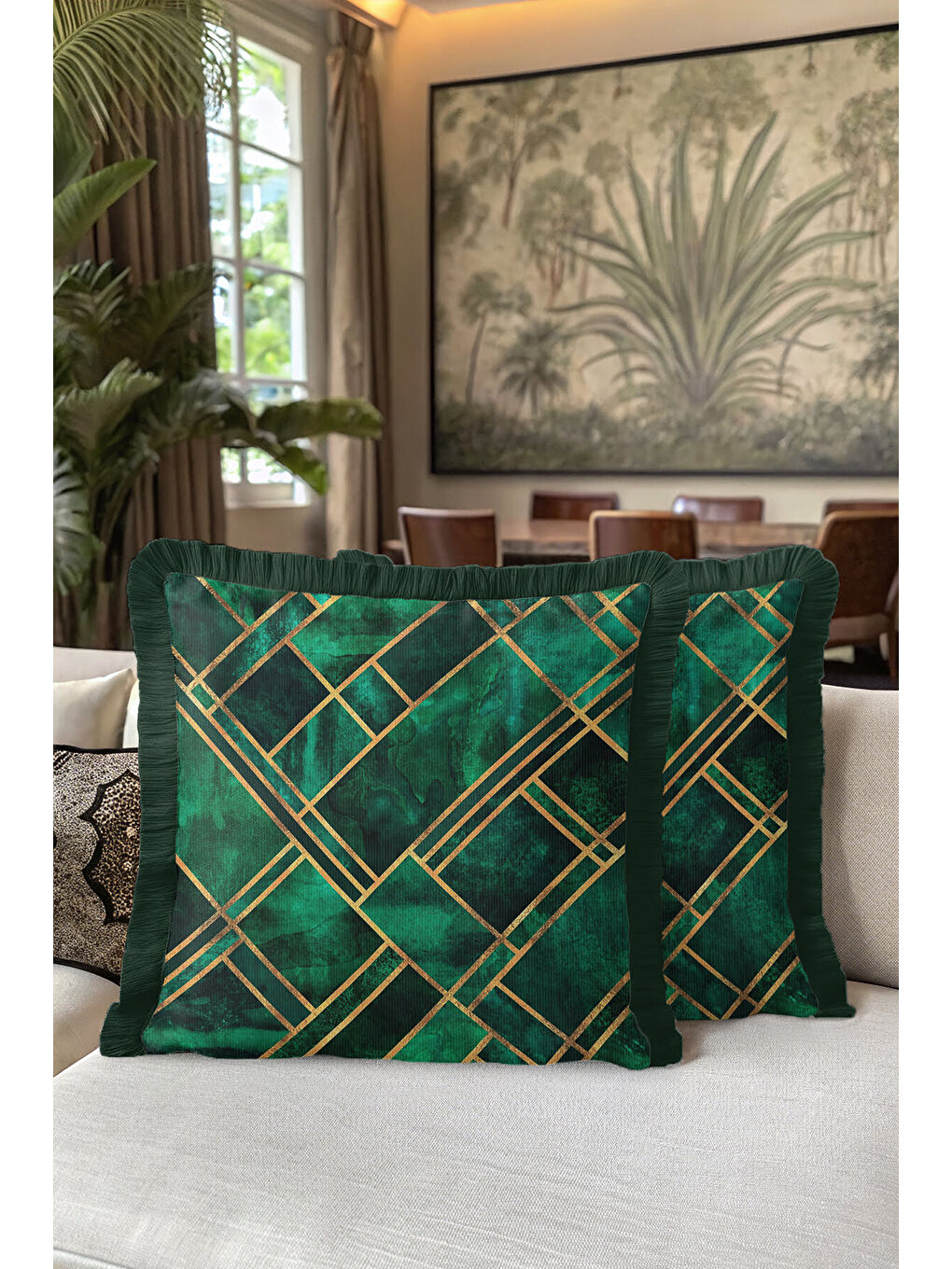 Karışık Geometrik Altın Çizgili Saçaklı Yastık Kılıfı - Lüks Art Deco Zümrüt Yeşili Püsküllü Kırlent Kılıfı-5