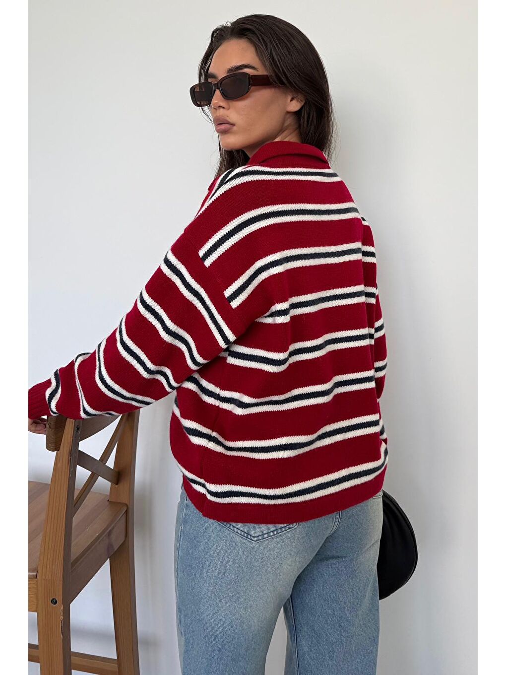 Kırmızı Polo Yaka Çizgili Kadın Triko Kazak Mg2469-3
