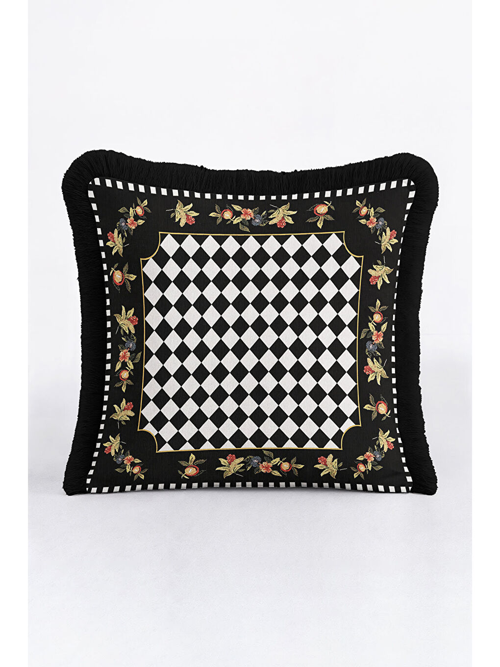 Karışık Lüks Elmas Motifli Saçaklı Yastık Kılıfı - Çiçek Bordürlü Klasik Glam Siyah Püsküllü Kırlent Kılıfı-3