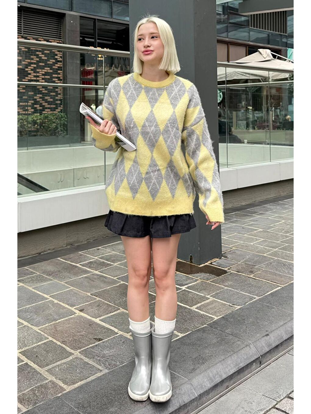 Sarı Bisiklet Yaka Şardonlu Baklava Desenli Kazak Mg2493-1