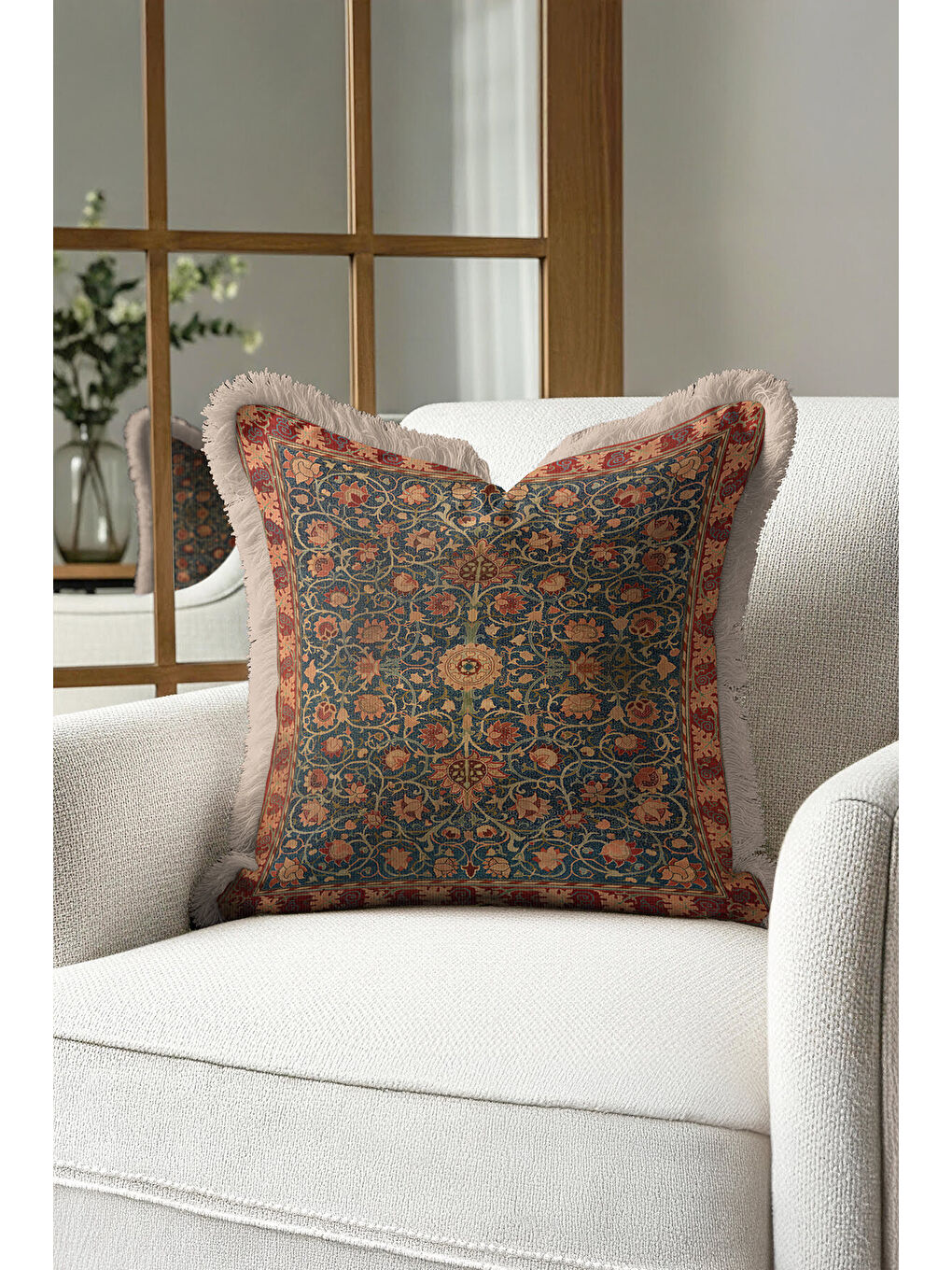 Karışık Saray Hareketli Saçaklı Yastık Kılıfı - Klasik Vintage Rustik Lacivert Gold Püsküllü Kırlent Kılıfı-1