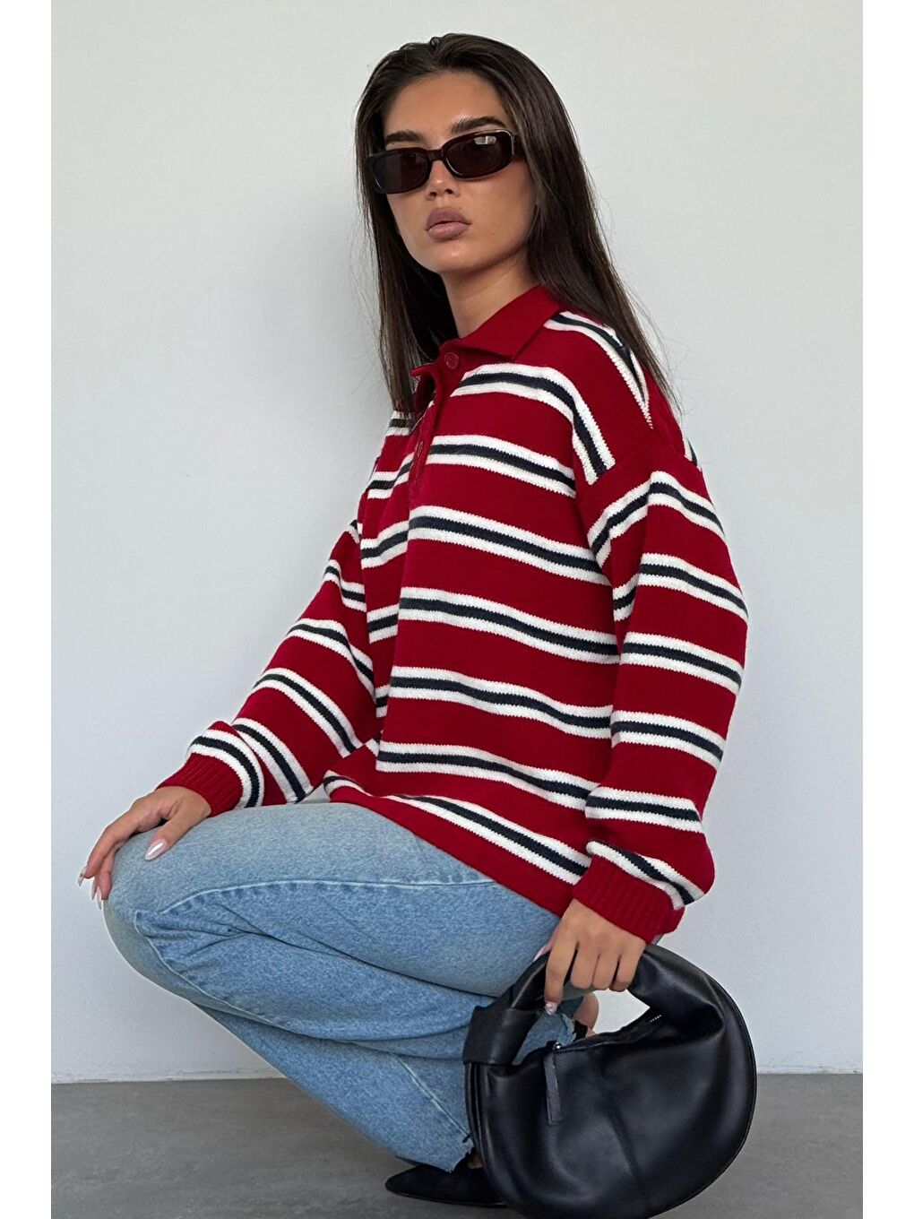 Kırmızı Polo Yaka Çizgili Kadın Triko Kazak Mg2469-5