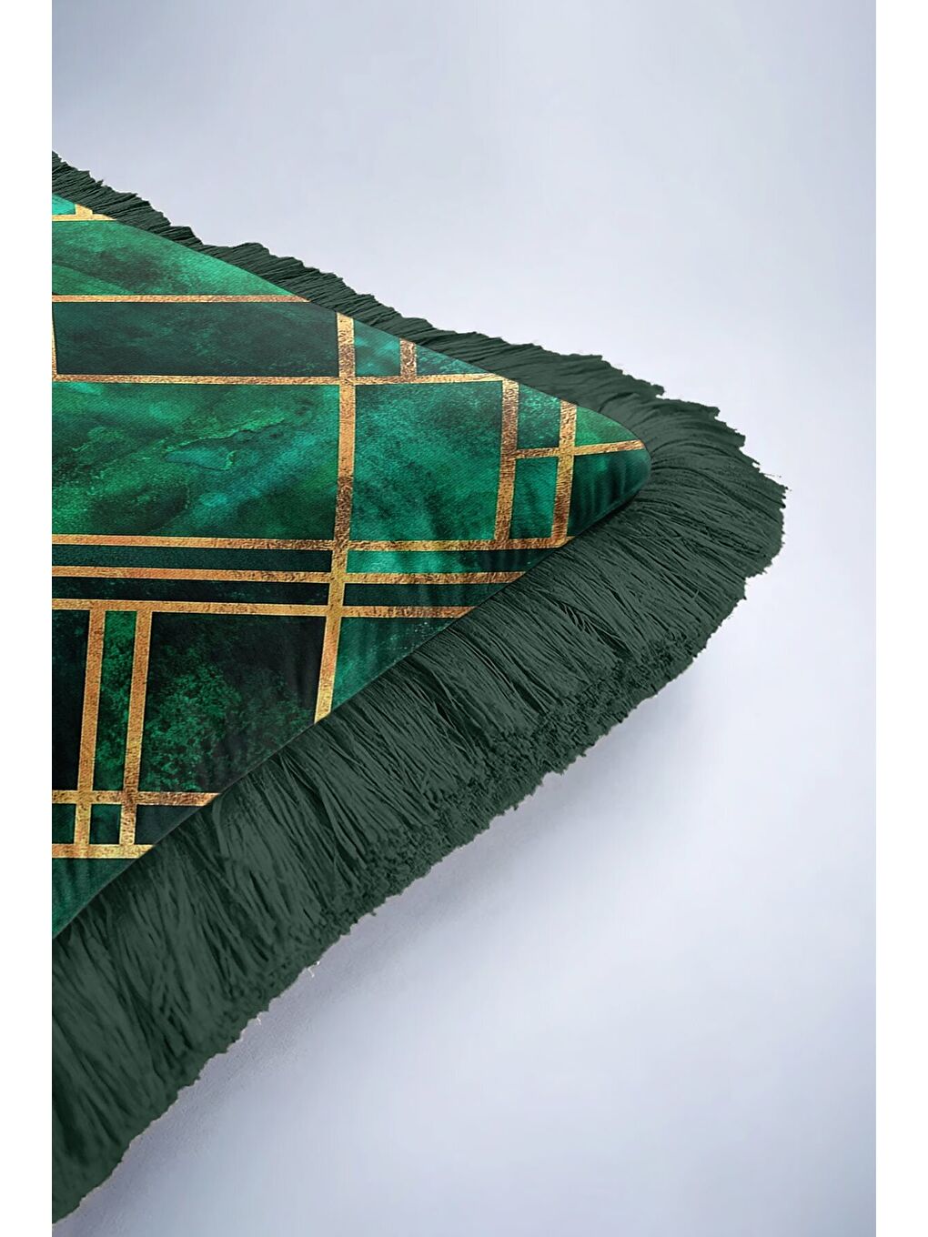 Karışık Geometrik Altın Çizgili Saçaklı Yastık Kılıfı - Lüks Art Deco Zümrüt Yeşili Püsküllü Kırlent Kılıfı-6