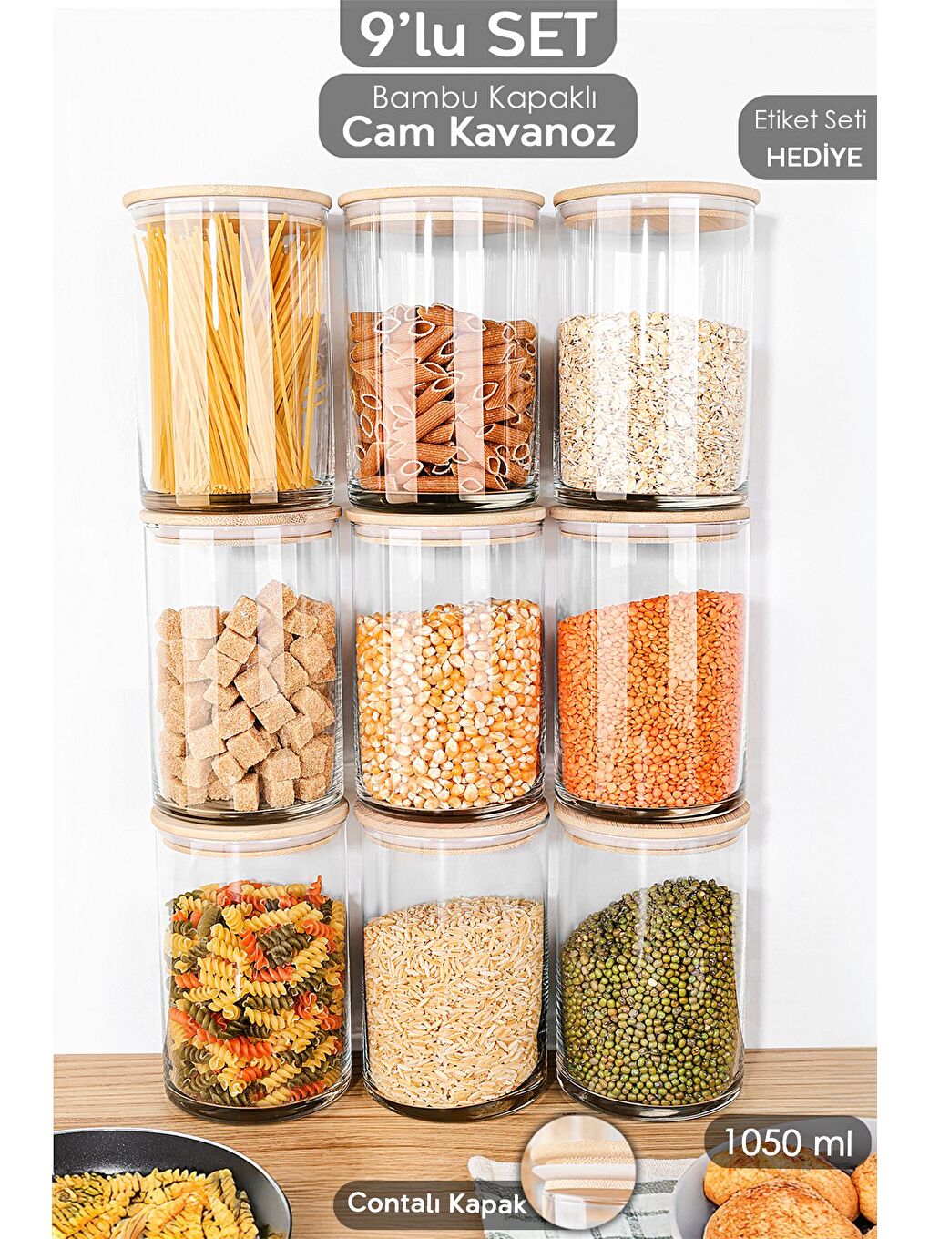Renksiz 9'lu Bambu Kapak Cam Saklama Kabı Etiketli Vakum Kapaklı Bakliyat Erzak Cam Kavanoz Seti 1050 ml