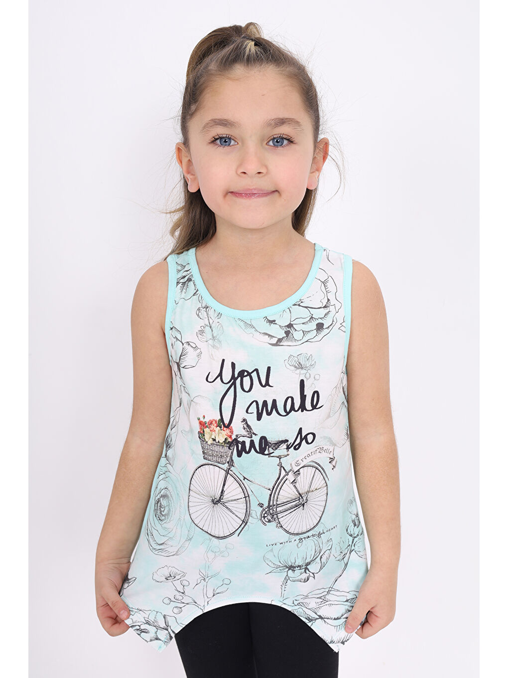 Turkuaz Kız Çocuk Bisiklet Baskılı Atlet-4