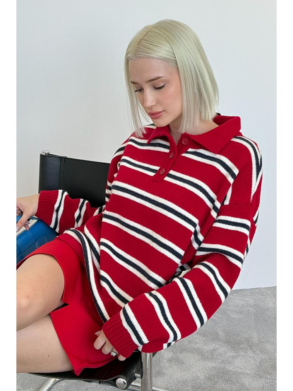 Kırmızı Polo Yaka Çizgili Kadın Triko Kazak Mg2469-6