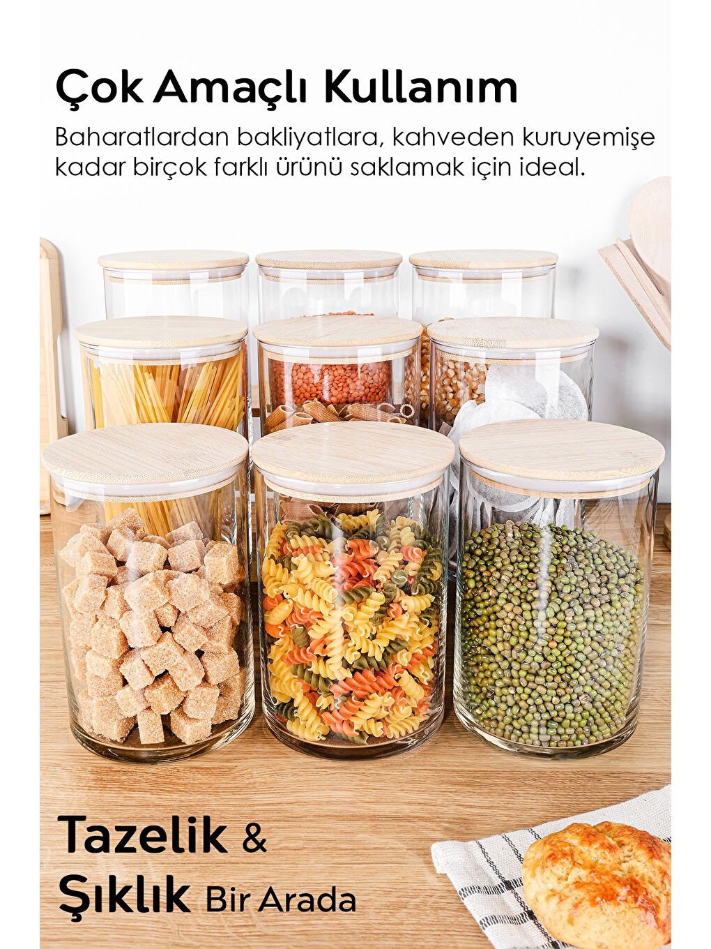 Renksiz 9'lu Bambu Kapak Cam Saklama Kabı Etiketli Vakum Kapaklı Bakliyat Erzak Cam Kavanoz Seti 1050 ml-2