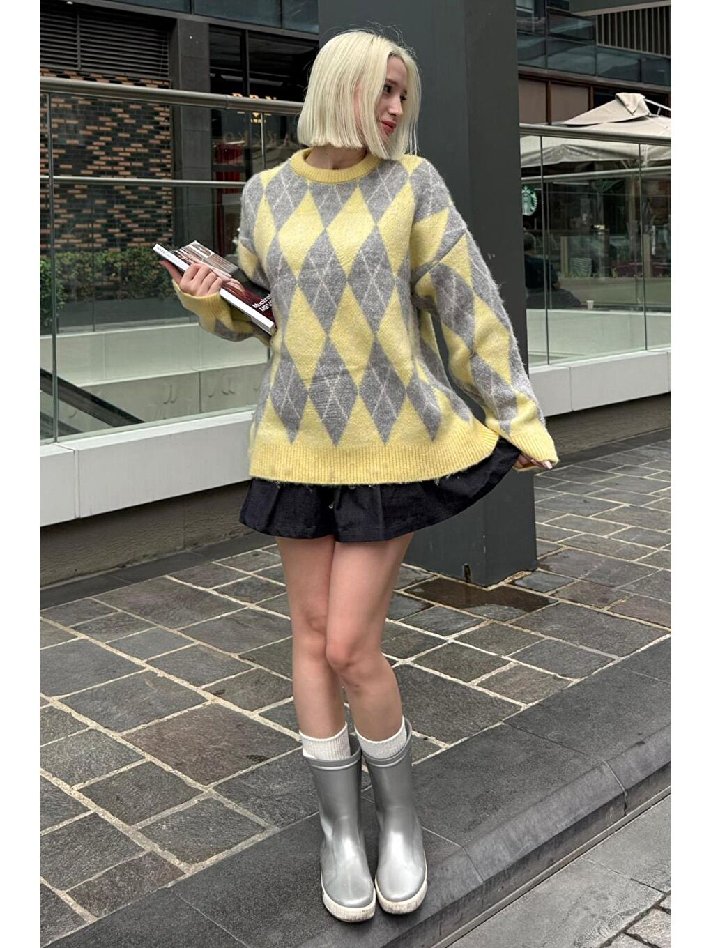 Sarı Bisiklet Yaka Şardonlu Baklava Desenli Kazak Mg2493-2