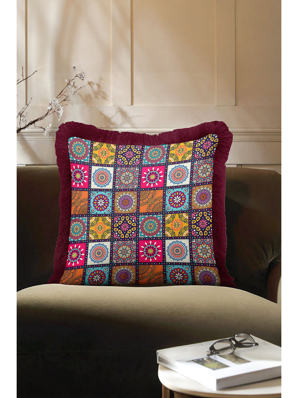 Karışık Etnik Mandala Mozaik Saçaklı Yastık Kılıfı - Bohem Renkli Patchwork Bordo Püsküllü Kırlent Kılıfı-1